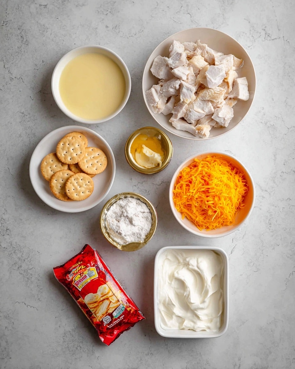 A top view shows seven containers on a white marbled surface: at the top center is a white bowl filled with chopped cooked white meat with some light brown edges, below it to the right is a smaller white bowl with bright orange shredded cheese, to the left of the cheese is a white dish holding pale yellow smooth sauce, next to it is a round plate with white flour, beneath it a red wrapped pack of round light tan crackers, to the right of the crackers a small round container with gold foil lid, just above it a white rectangular tub filled with white spread, and at the bottom center, a white bowl filled with thick white creamy substance. photo taken with an iphone --ar 4:5 --v 7