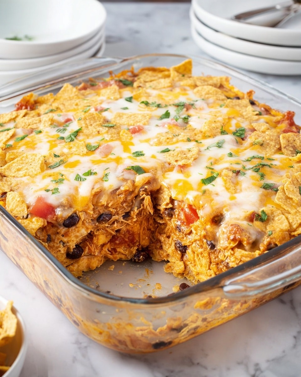 A square clear glass baking dish filled with a layered casserole. The top layer is creamy melted cheese with golden toasted edges and small green herb pieces scattered over it. Just below the cheese is a crispy layer of crushed tortilla chips that adds texture. Inside the casserole, you can see layers of shredded light brown meat, black beans, and diced red tomatoes all mixed in a creamy orange sauce. A portion of the casserole has been taken out from one corner, showing the thick, rich layers inside. The dish sits on a white marbled surface with a partial view of white plates and bowls in the background. Photo taken with an iphone --ar 4:5 --v 7