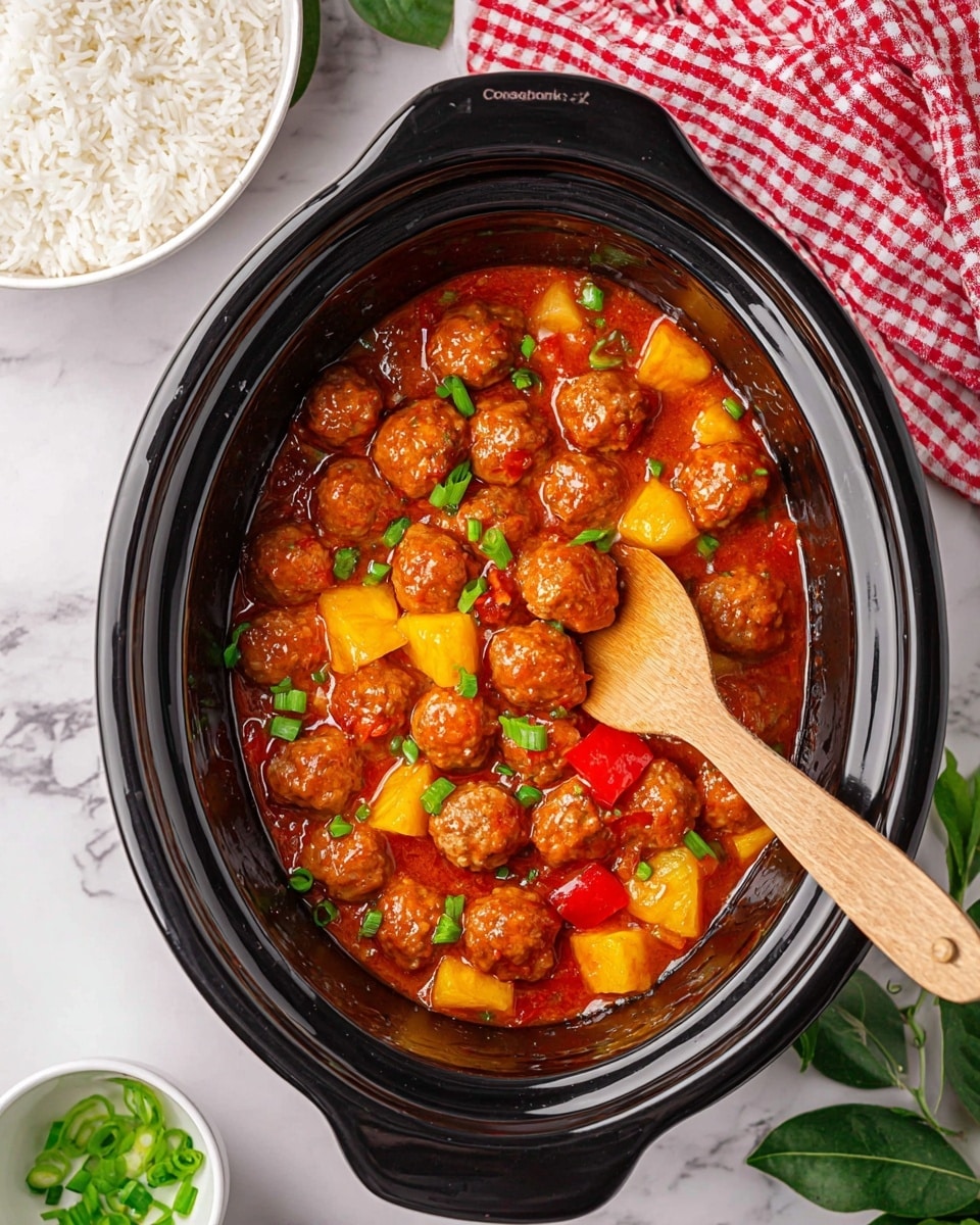 A black slow cooker filled with many small round meatballs cooked in a thick, shiny orange-red sauce. Mixed in are bright yellow pineapple chunks and red bell pepper pieces. The dish is topped with small green onion slices scattered over the meatballs and sauce. A wooden spoon is stirring the meatballs, showing some sauce on it. The slow cooker sits on a white marbled surface next to a white plate with plain white rice, a small white bowl of green onion slices, a red and white checkered cloth, and some green leaves in the top right corner. Photo taken with an iphone --ar 4:5 --v 7