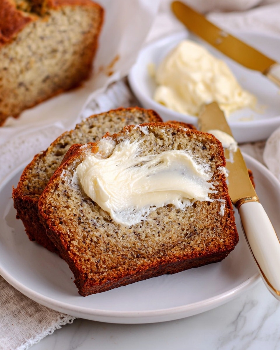 A close-up image of two slices of banana bread on a white plate, with the top slice generously spread with creamy white butter. The banana bread is light brown with small dark speckles throughout, showing its moist and dense texture. The bread’s edges are darker brown, indicating a well-baked crust. Behind the slices, there is a glimpse of the rest of the loaf on wax paper. To the side, a white plate holds more butter, and next to it is a butter knife with a golden blade and white handle. The scene is set on a white marbled surface with a soft, natural light. Photo taken with an iphone --ar 4:5 --v 7