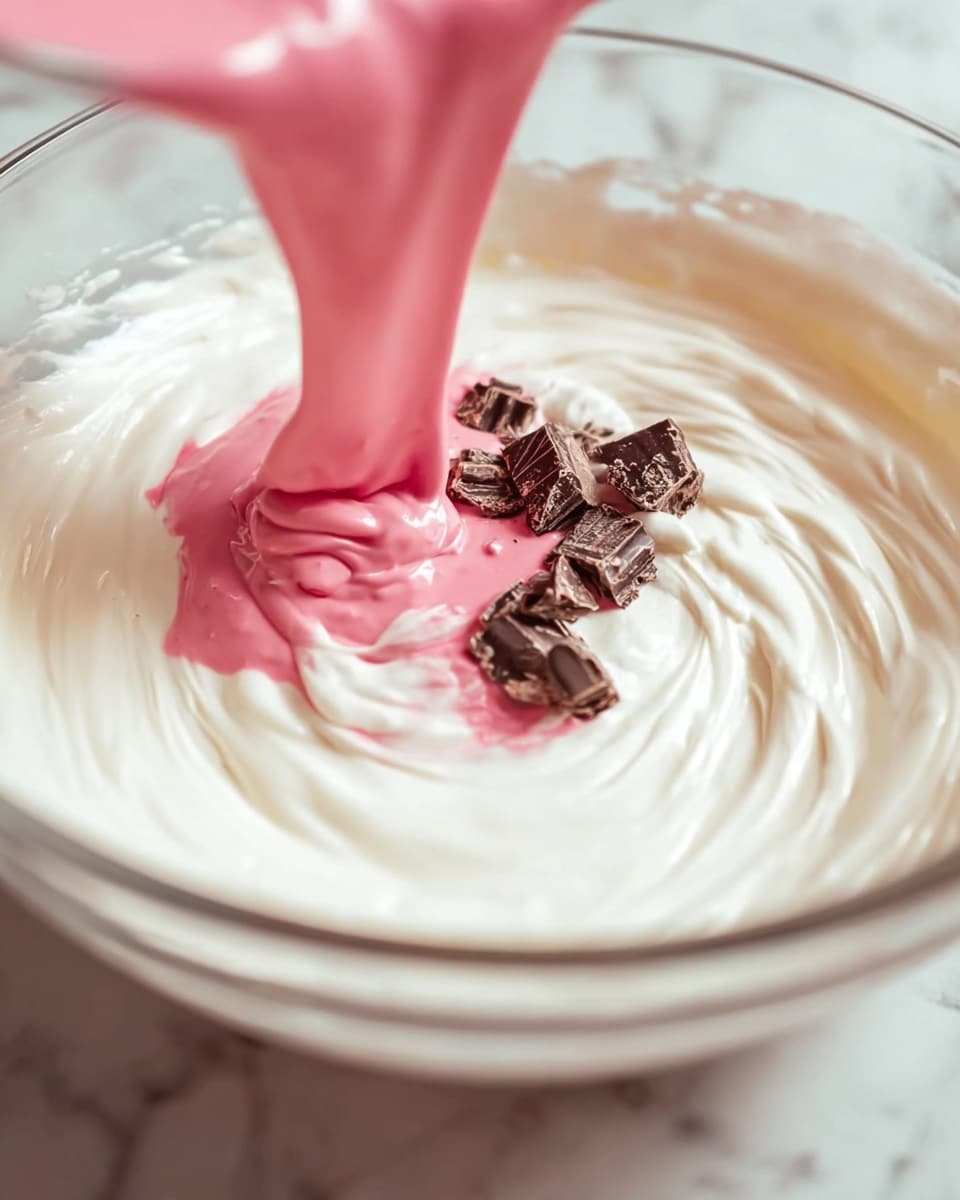 The image shows a clear glass bowl filled with a thick, creamy white mixture as the base layer. In the middle of the bowl, there are several small, uneven chunks of chocolate pieces resting on the white creamy layer. A stream of bright pink, smooth, and shiny mixture is being poured gently onto the center of the white cream, creating a swirl effect where the two layers meet. The background features a white marbled texture, and the whole scene is lit with soft natural light, emphasizing the textures of the creamy and chunky ingredients. Photo taken with an iphone --ar 4:5 --v 7