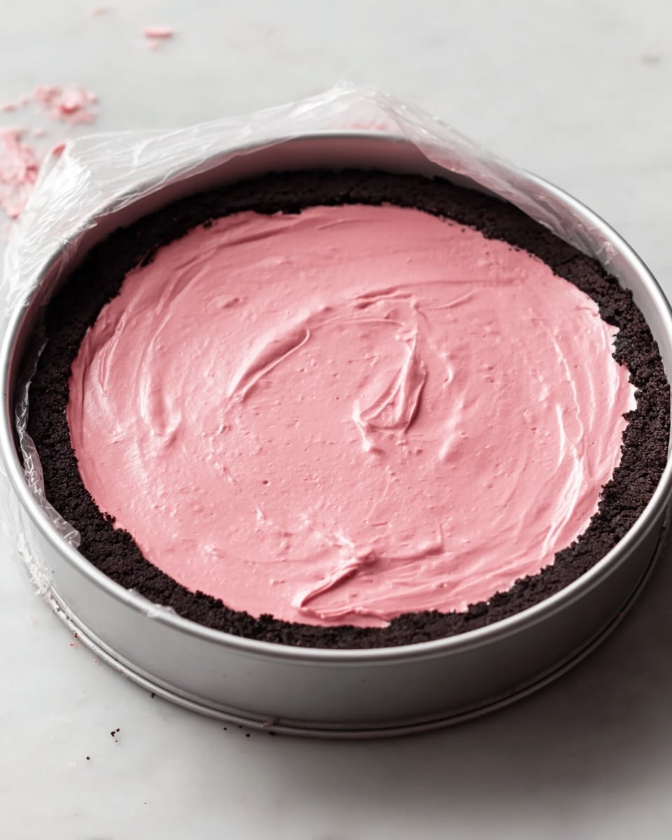 A round dessert in a silver baking pan is shown with two main layers. The bottom layer is a thick, dark brown crust with a crumbly texture, pressed against the sides of the pan. The top layer is a smooth, creamy pink filling that spreads evenly, with subtle swirl marks on its surface. A piece of clear plastic wrap is loosely covering part of the pan’s edge. The pan rests on a white marbled surface with a few small crumbs scattered nearby. photo taken with an iphone --ar 4:5 --v 7