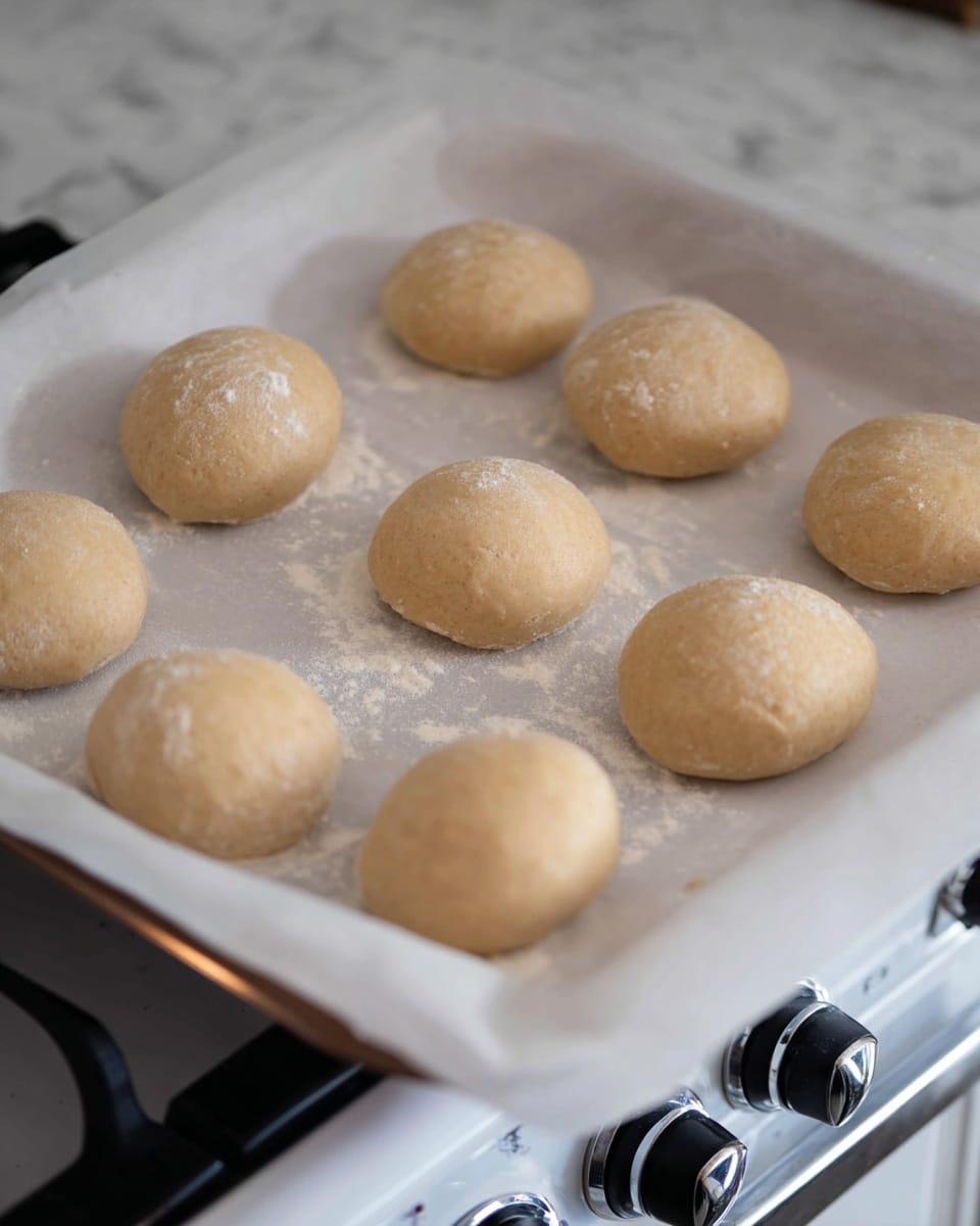 The image shows eight round dough balls placed on white baking paper that covers a baking tray. Each dough ball is golden beige in color with a smooth, slightly uneven texture and some light flour dust scattered around them. The dough balls are arranged loosely in two rows, with no layers visible, just the single dough balls. The baking tray is on a white stove with shiny metal handles and a black oven knob. The background surface has a white marbled texture. Photo taken with an iphone --ar 4:5 --v 7