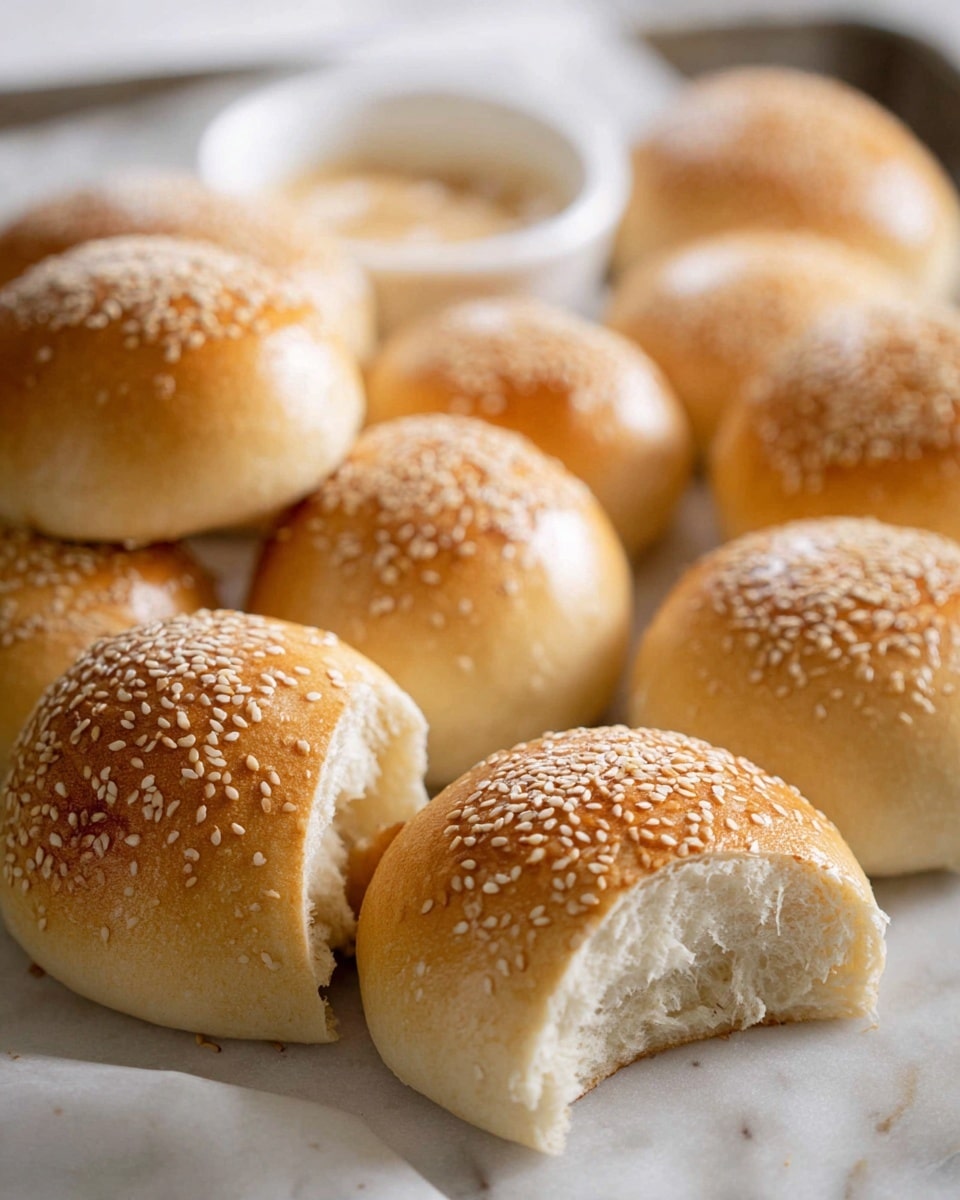 The image shows seven round sesame seed buns with a shiny golden brown top, five placed on a silver wire cooling rack and two on light brown parchment paper on a baking tray. One bun is sliced in half showing a soft, light beige inside. Near the bottom left corner, there is a white bowl with pale sesame seeds inside. The surface is white marble. photo taken with an iphone --ar 4:5 --v 7