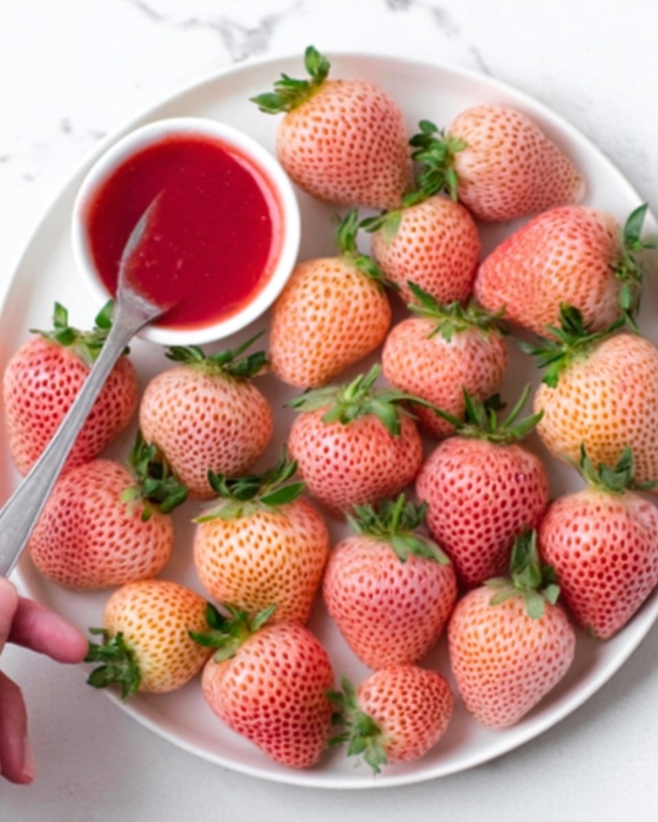 The image shows a white plate filled with pale pink strawberries that have green leaves on top, each strawberry covered in small seeds and varying slightly in size. On the left side of the plate, there is a small white bowl filled with bright red strawberry sauce, giving a glossy texture contrast to the matte finish of the strawberries. The plate rests on a white marbled surface, creating a clean and fresh look. A woman's hand is holding a silver fork near the top left corner, angled slightly towards the strawberries. Photo taken with an iphone --ar 4:5 --v 7