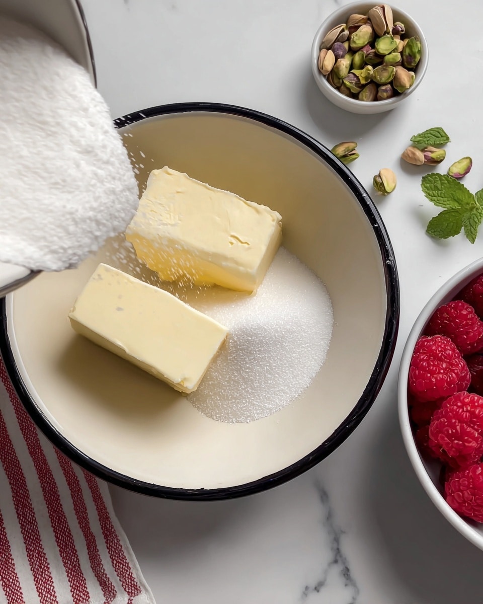 A white bowl with a black rim holds two blocks of pale yellow butter and a pile of white granulated sugar inside, as more sugar is being poured in from the left side. To the upper right of the bowl, a small white bowl contains green and brown pistachios, while to the far right, part of another white bowl is filled with bright red raspberries sitting on a white and red striped cloth. Some green mint leaves and scattered pistachios are on the white marbled surface around the bowls. Photo taken with an iphone --ar 4:5 --v 7