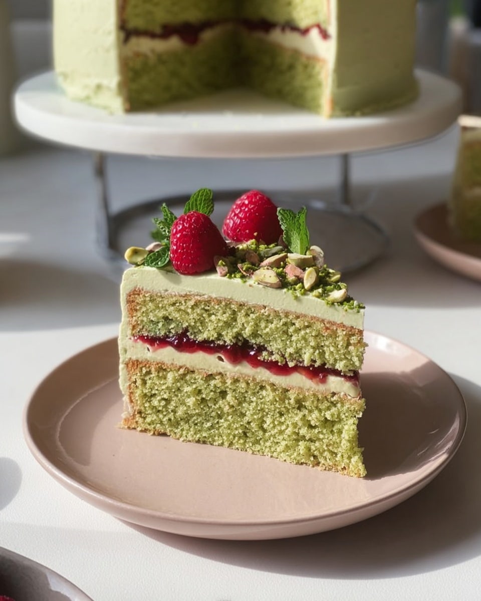 The image shows a slice of green layered cake on a light pink plate sitting on a white marbled surface. The cake has three layers: the bottom and middle green cake layers are soft and moist, the middle layer has a thin spread of red berry jam, and the top layer is thick with pale green frosting. The frosting on top is decorated with two red raspberries, green mint leaves, and small pieces of nuts. In the background, the remaining green cake with pale green frosting is on a white plate sitting on a metal cake stand. A woman's hand is partially visible on the left near the plate. Photo taken with an iphone --ar 4:5 --v 7