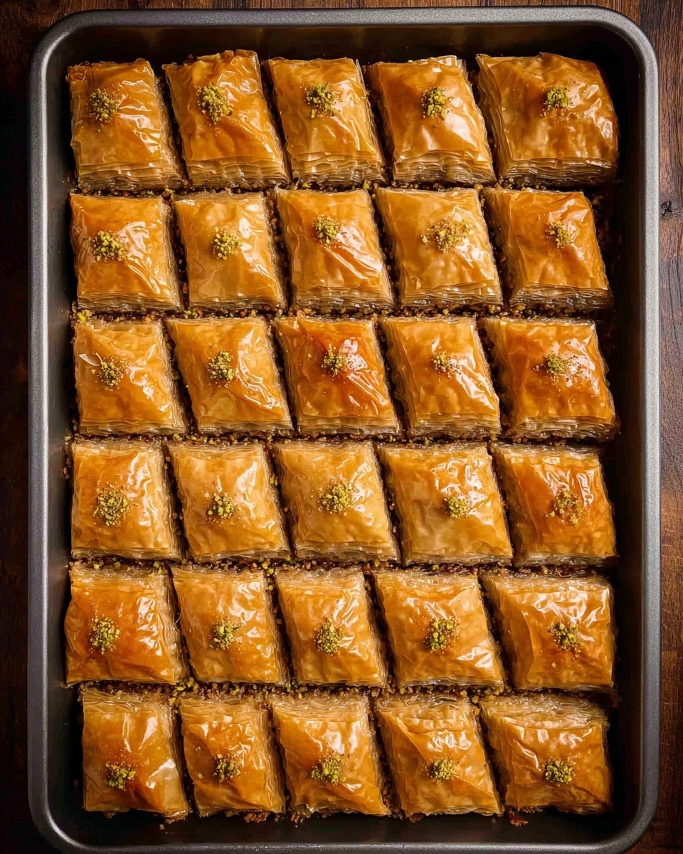 The image shows a close-up of a tray filled with golden-brown baklava cut into square pieces. Each piece has a shiny, flaky top layer with a small clove placed in the center. Below the crust, there is a dense, textured middle layer made of finely chopped nuts, which looks moist and rich. The baklava layers are stacked closely together inside a silver tray, with syrup visible around the edges, giving a glossy finish. The background features a white marbled surface. photo taken with an iphone --ar 4:5 --v 7