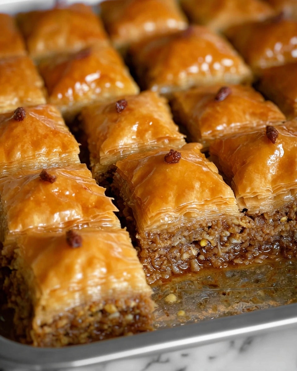 A rectangular metal baking tray filled with 18 golden brown pieces of baklava, each piece showing multiple thin, flaky layers of shiny, crispy pastry on top with a visible filling of nuts in the middle. The baklava is cut into diamond shapes, and each piece has a small clove embedded in the center. The tray is placed on a dark wooden surface. photo taken with an iphone --ar 4:5 --v 7