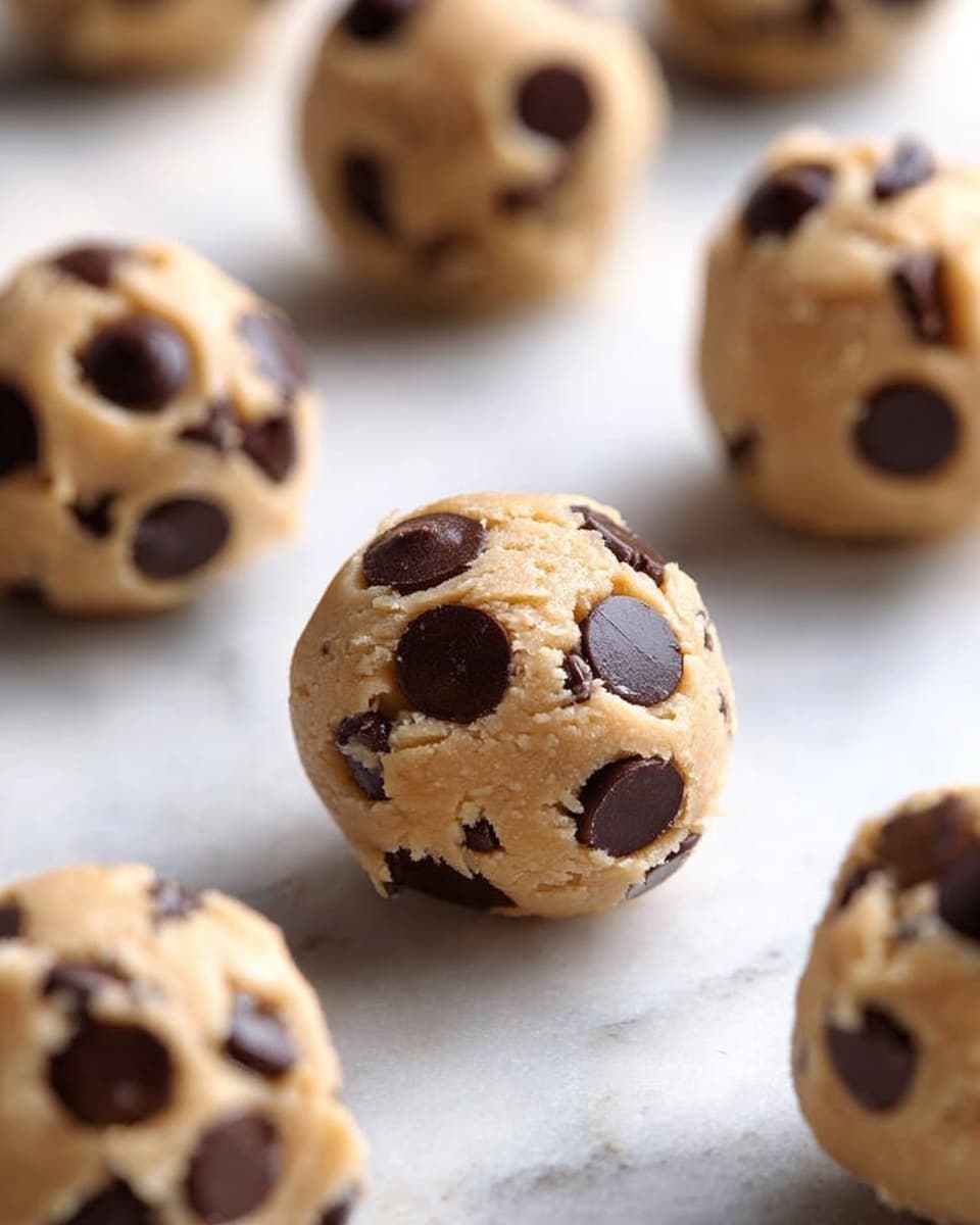 The image shows seven round balls of cookie dough with visible dark chocolate chunks scattered inside each ball. The dough is smooth and light brown in color with a slightly shiny texture. The balls are placed apart on a light grey parchment paper, arranged loosely in two uneven rows across the frame. The background is a white marbled surface, creating a clean and bright look. photo taken with an iphone --ar 4:5 --v 7