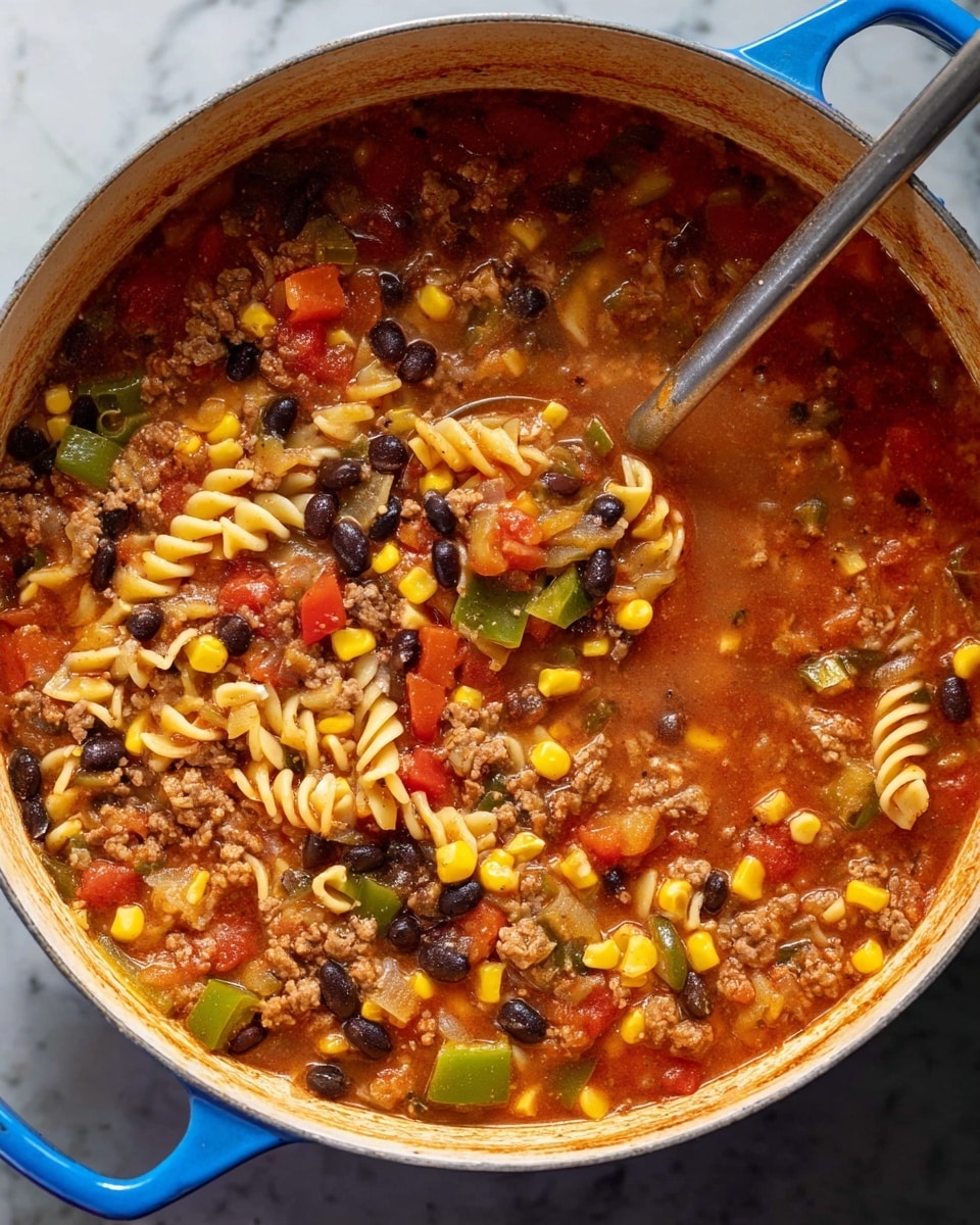 A large blue pot filled with a thick stew showing several layers including yellow corn kernels, small green bell pepper pieces, black beans, diced red tomatoes, ground browned meat, chopped onions, and spiral pasta, all mixed in a reddish broth. A metal spoon scoops up a portion near the center, showing a mix of all ingredients against the pot’s cream-colored inside rim. The surface under the pot is changed to a white marbled texture. Photo taken with an iphone --ar 4:5 --v 7