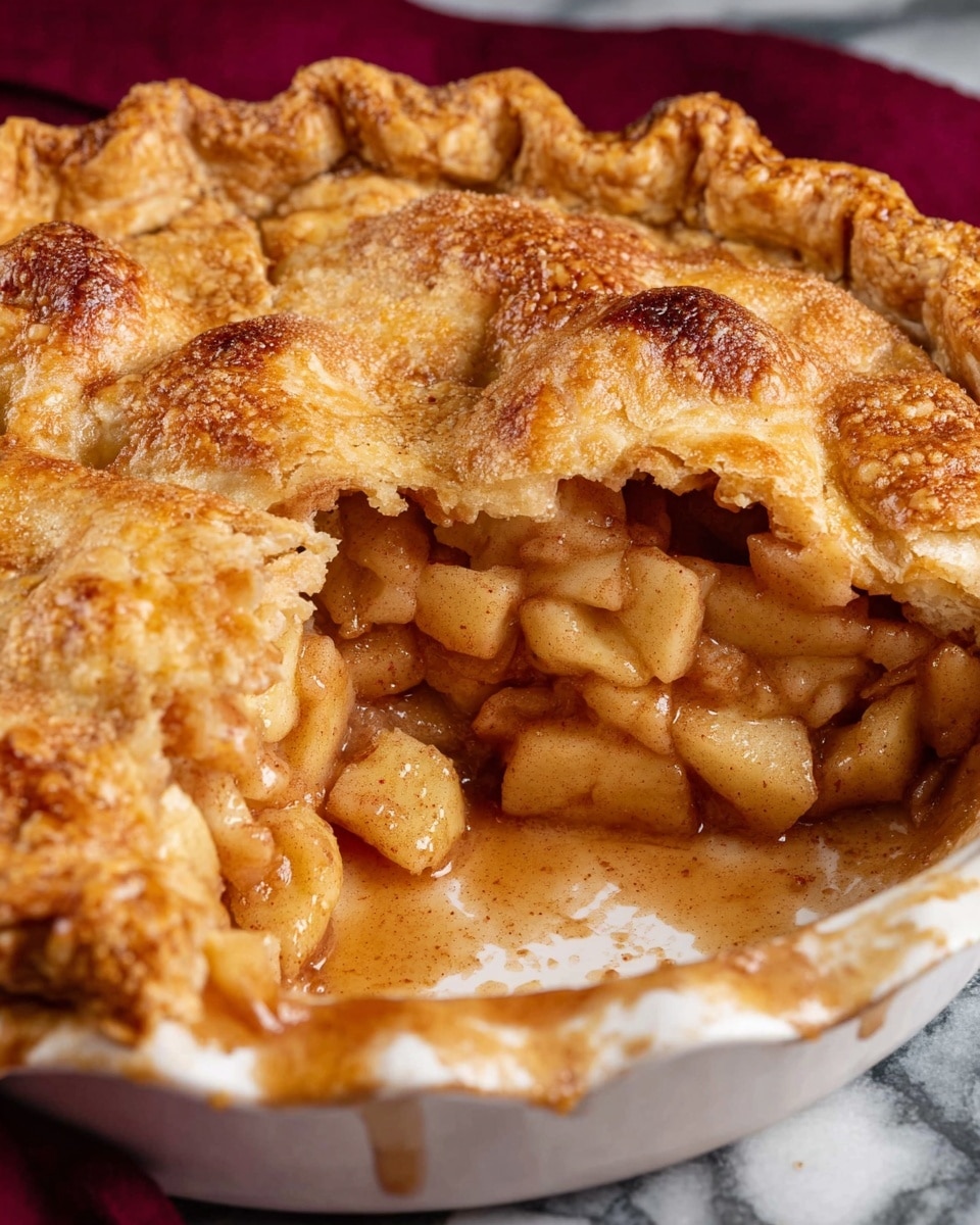 A white pie dish holds a apple pie with a golden brown crust that has a rough, crumbly texture and some darker spots on top. The crust edges are slightly thick and wavy. Inside, there is one thick layer of soft, small apple pieces coated in a shiny cinnamon sauce that is light brown. One slice of pie is missing, showing the inside filling and some sauce spilled on the dish edges. The pie dish sits on a white marbled surface with a dark red cloth partly seen in the background. Photo taken with an iphone --ar 4:5 --v 7