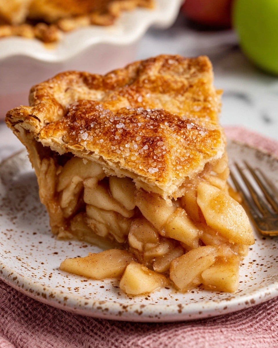 A slice of apple pie sits on a white speckled plate. The pie has two layers: a golden brown crust with a slightly rough texture, topped with coarse sugar crystals, and underneath, soft, light brown apple slices mixed with cinnamon, appearing juicy and tender. The crust’s edge is crimped, showing its flaky texture, and part of the top crust is broken, revealing the apple filling spilling slightly onto the plate. The plate is resting on a pink textured cloth, with part of a metal fork visible near the top right edge. The background is a white marbled surface with hints of green blurred apples and a white pie dish in the back. Photo taken with an iphone --ar 4:5 --v 7