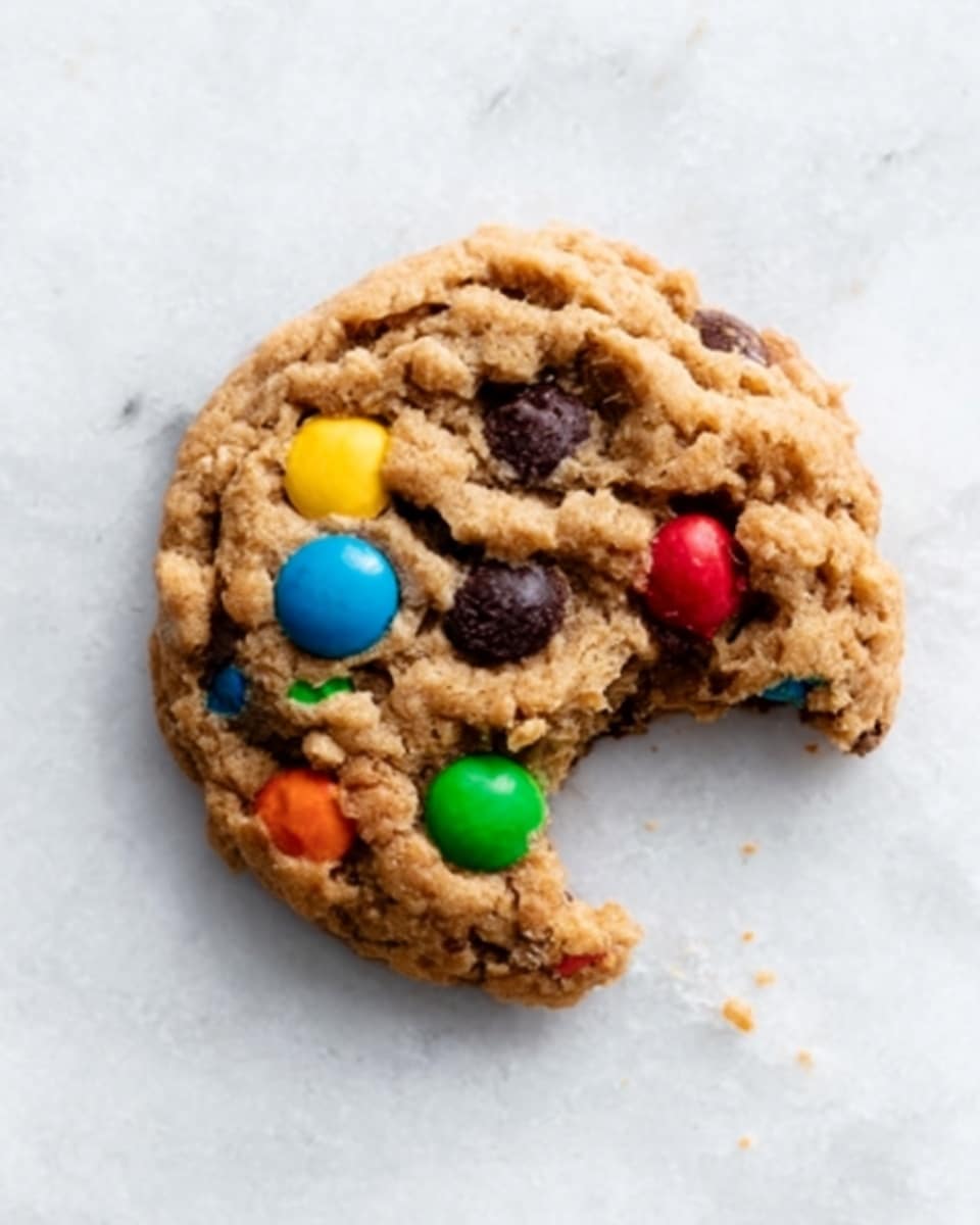 A single cookie on a white marbled surface with a bite taken out of the right side. The cookie has a rough, bumpy texture with visible grains and is topped with colorful candy pieces in blue, yellow, red, orange, green, and brown, arranged unevenly across the top. The cookie is round and slightly thick. Photo taken with an iphone --ar 4:5 --v 7