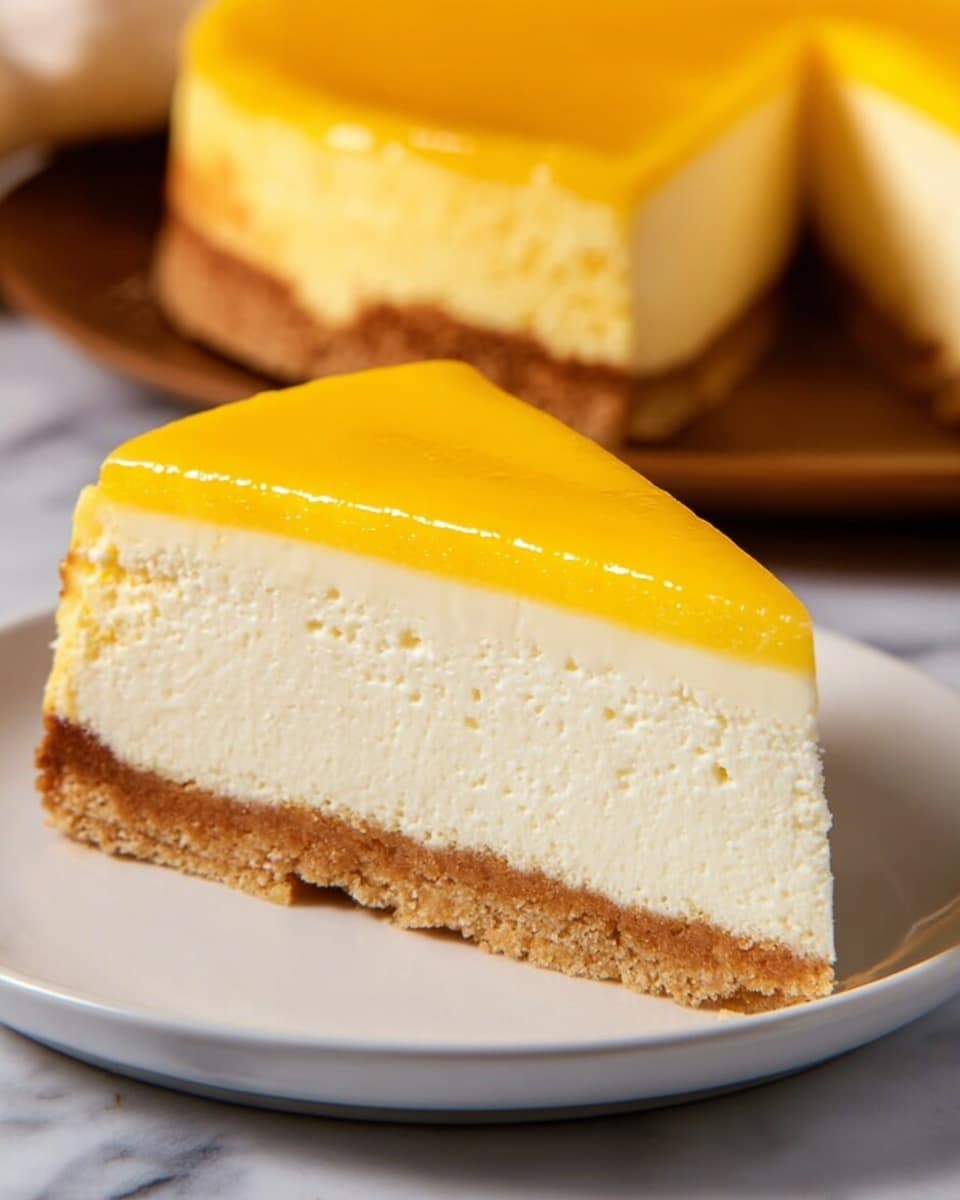 A close-up of a single slice of cheesecake on a white plate, showing three clear layers: a crumbly golden brown crust at the bottom, a thick creamy white middle layer, and a smooth shiny bright yellow topping layer. Behind the slice, the rest of the cheesecake is visible with the same layers and a neat edge. The background is a white marbled surface. photo taken with an iphone --ar 4:5 --v 7