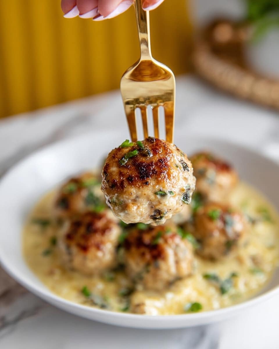 A close-up shows a golden-brown baked meatball held by a woman's hand using a gold fork. The meatball has a slightly crispy texture with small browned spots and green herbs mixed inside. Behind it, on a white plate, more meatballs rest on a creamy, light yellow sauce sprinkled with green herb pieces. The whole scene is set on a white marbled surface. photo taken with an iphone --ar 4:5 --v 7