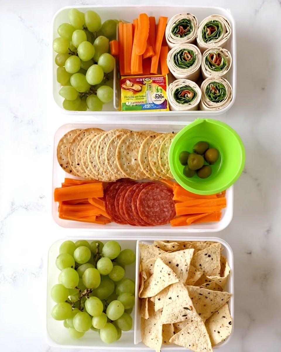 The image shows three white square containers arranged vertically on a white marbled surface, each filled with different snacks. The top container holds green grapes in the upper left section, orange carrot sticks in the lower left section, rolled wraps filled with greens and meat arranged tightly on the right side, and a small green silicone cup filled with green olives in the upper right corner. The middle container has round crackers stacked on the left side, slices of pepperoni below the crackers, a small pack of cheese between the crackers and pepperoni, orange carrot sticks in the upper right section, and green grapes in the lower right section. The bottom container holds a bunch of green grapes on the left side, orange carrot sticks in the middle, and a large portion of light beige tortilla chips with black seasoning on the right. There is an extra bunch of green grapes placed to the right of the middle container. photo taken with an iphone --ar 4:5 --v 7