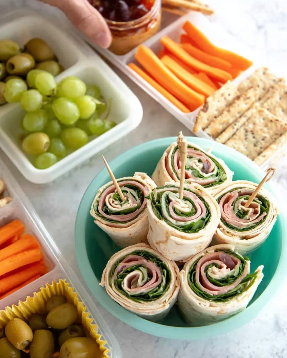 The image shows a light blue bowl filled with four spiral sandwich rolls made of light-colored wraps layered with pink slices of deli meat and dark green leafy spinach. Each roll is skewered with a small wooden stick and stands upright inside the bowl. Surrounding the bowl are white containers with fresh green grapes, orange carrot sticks, green olives in a yellow paper cup, tan crackers, and a red jar of peanut butter. A woman's hand is holding one of the containers. The surface beneath everything is a white marbled texture. Photo taken with an iphone --ar 4:5 --v 7