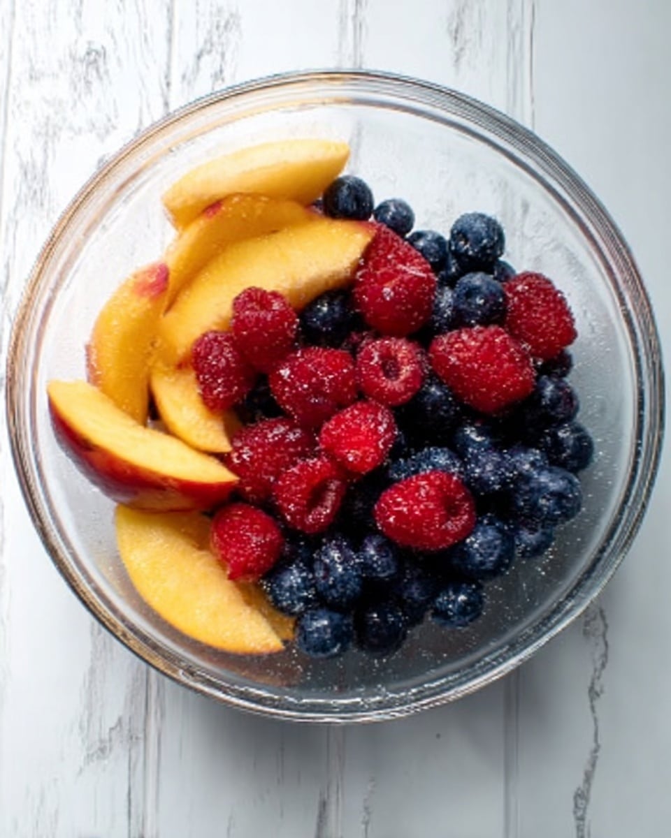A clear glass bowl sits on a white marbled surface, filled with mixed fresh fruits. At the bottom are dark blue blueberries with a soft, smooth texture. On top of them are bright red raspberries that look soft and round. There are also slices of yellowish-orange peach with a smooth and slightly fuzzy texture, arranged neatly around the berries. The fruit colors contrast nicely with the clear glass and the white marbled background, creating a fresh and colorful look. photo taken with an iphone --ar 4:5 --v 7