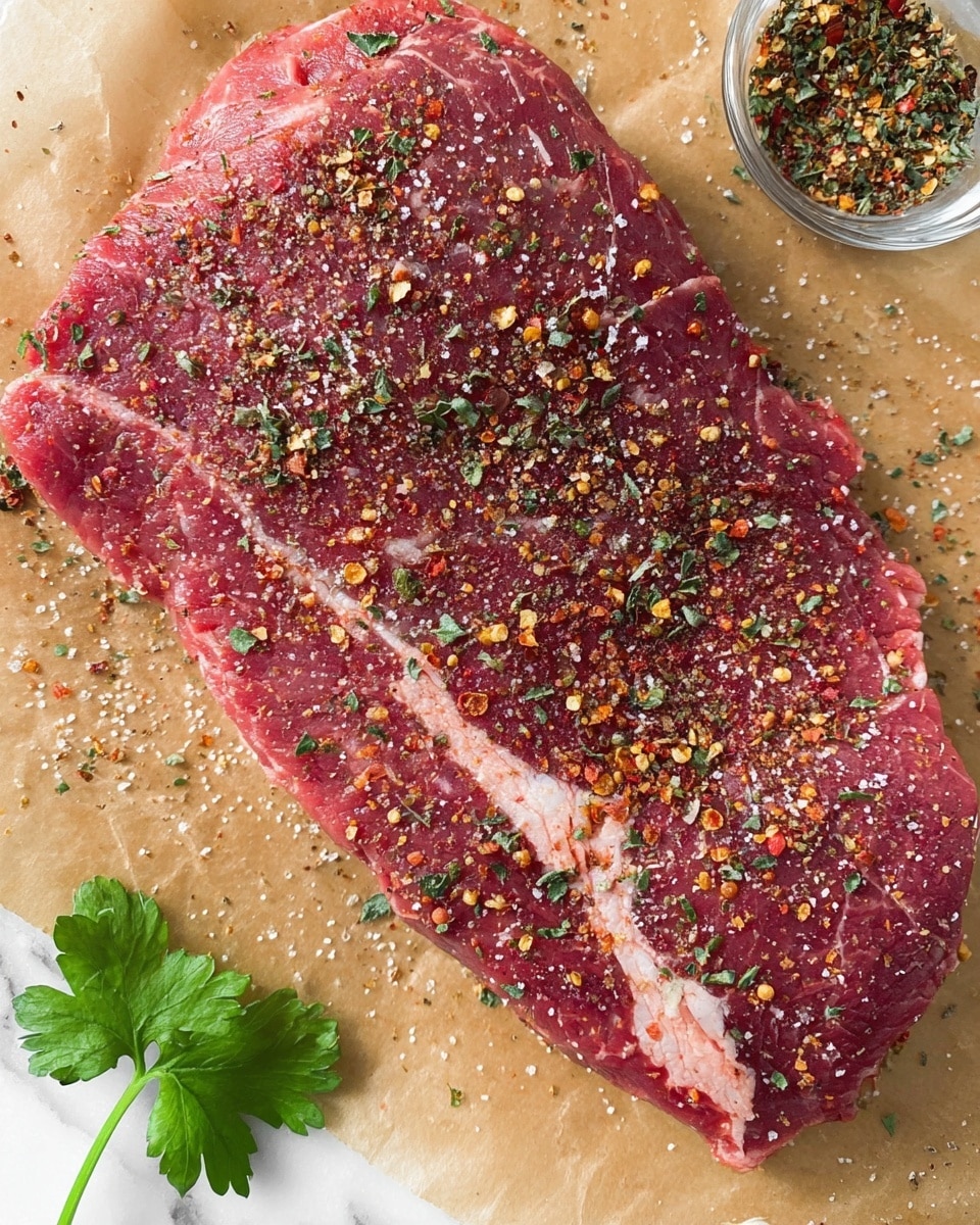 A raw, thick red steak lays flat on brown parchment paper with a visible white fat line running through the middle. The steak is covered evenly with a mix of coarse salt, black pepper, red chili flakes, and dried green herbs, giving it a speckled, textured look. In the top left corner, there is a small glass bowl filled with more herbs. A bright green parsley leaf is placed on the white marbled surface at the bottom right corner. The overall setting has a fresh and natural look with a focus on the steak's rich red and white marbled meat colors and the contrasting spices photo taken with an iphone --ar 4:5 --v 7