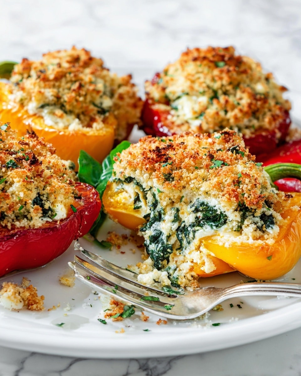 The dish shows stuffed bell peppers, each cut in half and filled with a creamy, white cheese and green spinach mixture, topped with a crispy golden-brown breadcrumb layer. The peppers are red and yellow, with the filling evenly packed inside. The texture of the filling looks soft and creamy, while the topping is crunchy and crumbly. The peppers rest on a white plate with a few crumbs scattered around, and a silver fork is placed near the edge of the plate. The background surface is a white marbled texture. The photo taken with an iphone --ar 4:5 --v 7