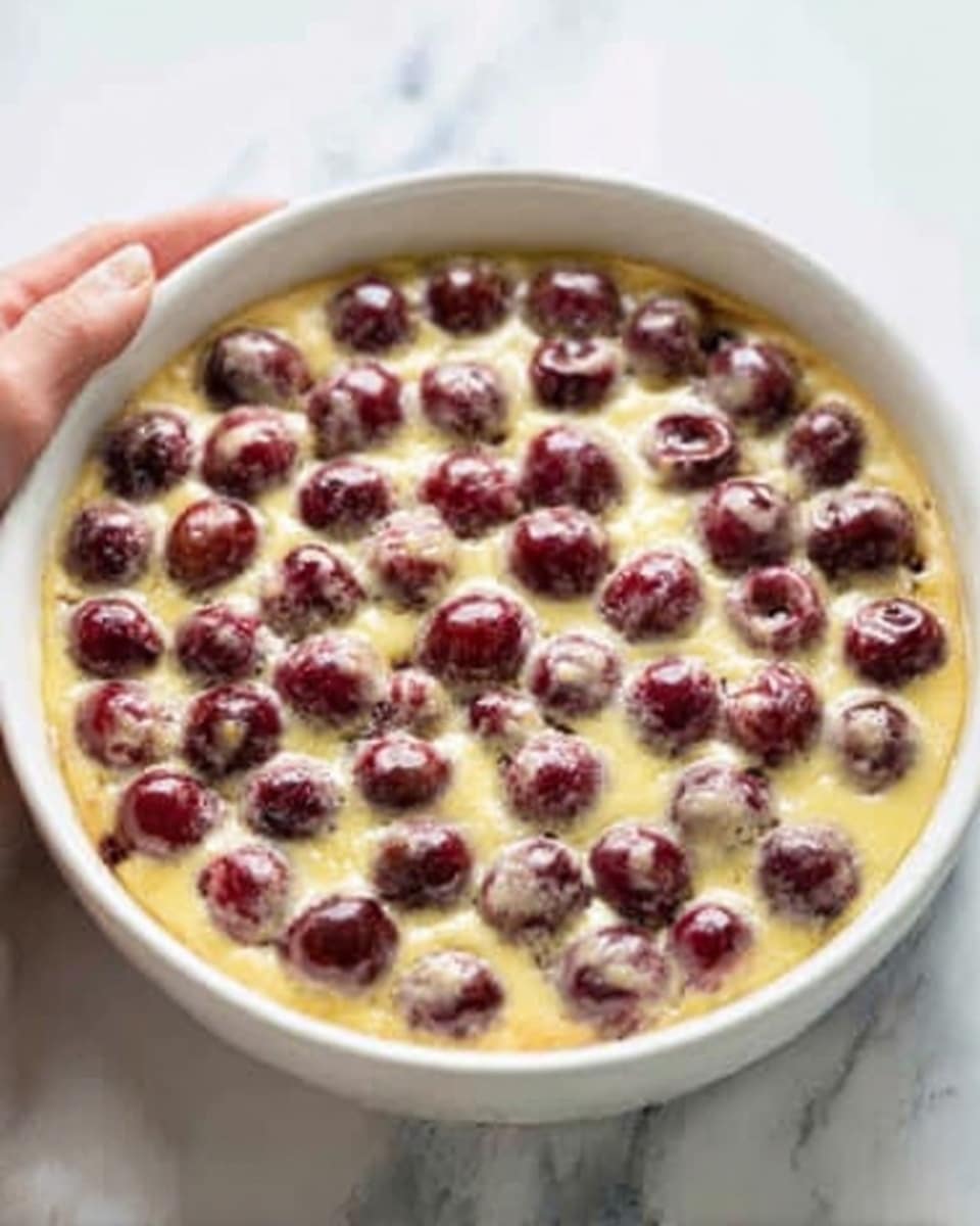 A white bowl holds a creamy, baked dish with two clear layers: the bottom layer is smooth and light yellow, while the top layer is covered with evenly spread, dark red cherries, slightly sunk into the creamy layer. The dish sits on a white marbled surface, and a woman's hand is gently holding the bowl on one side. photo taken with an iphone --ar 4:5 --v 7