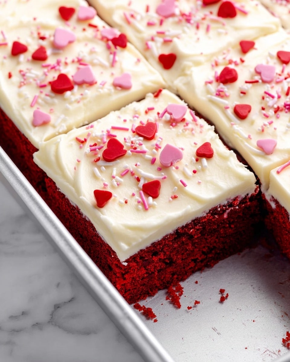 A close-up of red velvet cake squares in a silver baking pan, showing one piece removed near the front left corner. The cake has one visible layer of rich red sponge at the bottom, topped with a thick, smooth layer of creamy white frosting spread evenly. The frosting layer is decorated with small red heart-shaped, pink and white round, star, and stick-shaped sprinkles scattered across the surface. The pan is placed on a white marbled texture surface. Photo taken with an iphone --ar 4:5 --v 7