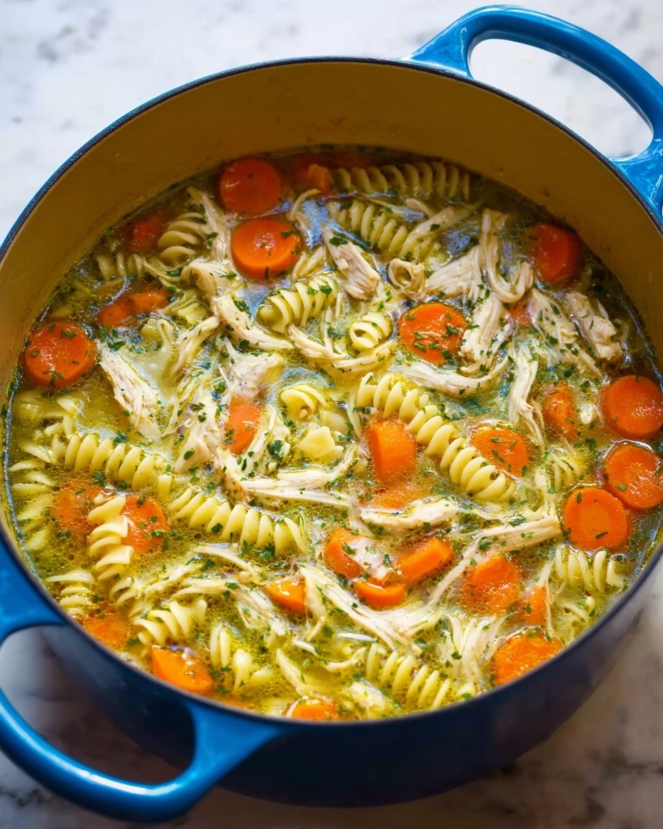 A large blue pot filled with a clear broth soup containing three main layers: the bottom layer shows white and green spiral rotini pasta sitting in golden-yellow broth; the middle layer features bright orange carrot slices evenly spread throughout; the top layer has shredded white chicken pieces mixed with bits of fresh green herbs floating on the surface; the pot is placed on a white marbled surface. photo taken with an iphone --ar 4:5 --v 7