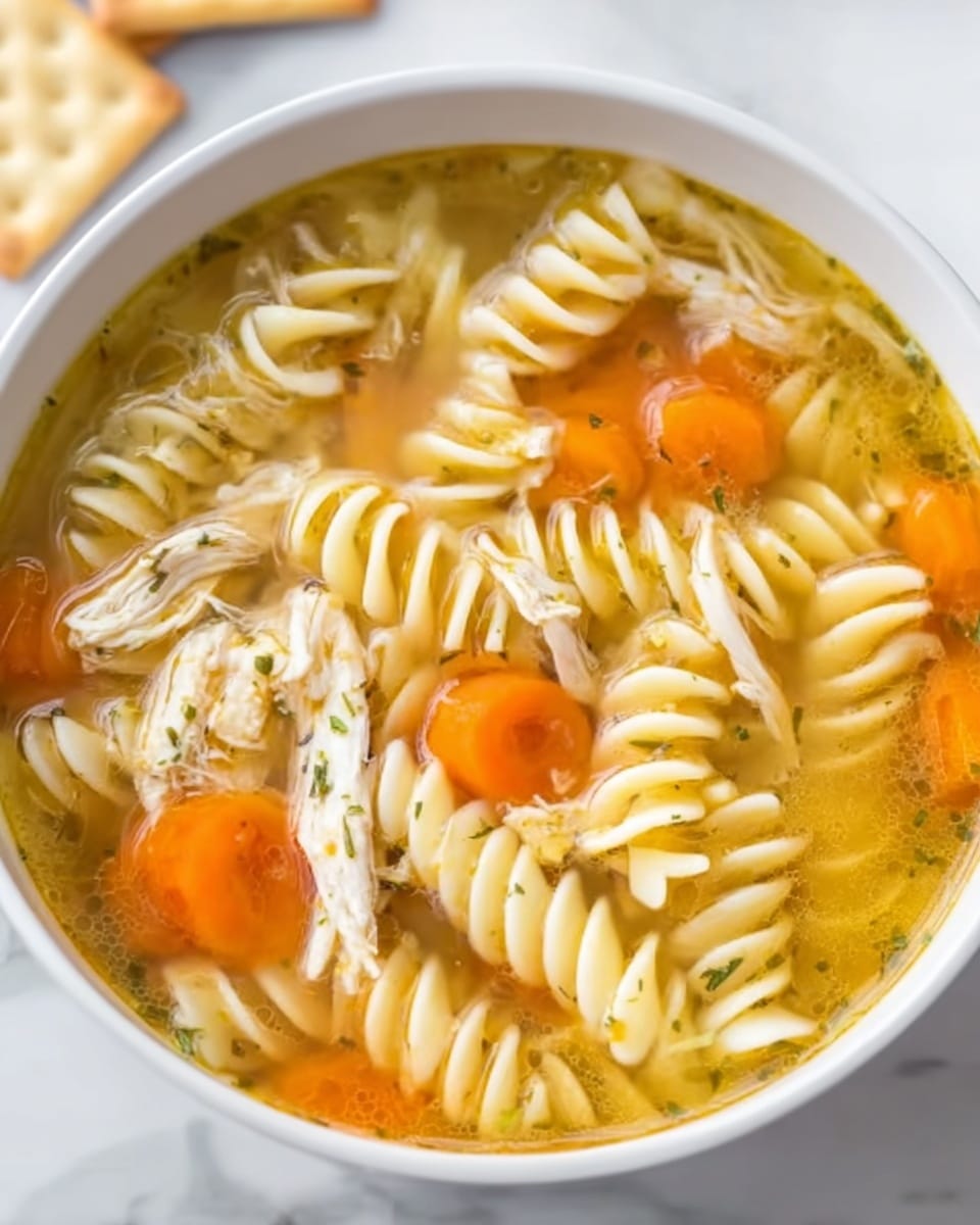 A white bowl filled with clear chicken soup, showing thick spiral pasta pieces and shredded chicken meat spread evenly throughout. Bright orange carrot slices float on top and beneath the pasta and chicken layers, adding color contrast. The soup looks light and warm, with some small green herb bits sprinkled throughout the broth. The bowl sits on a white marbled surface with a few partially visible square crackers in the background. Photo taken with an iphone --ar 4:5 --v 7
