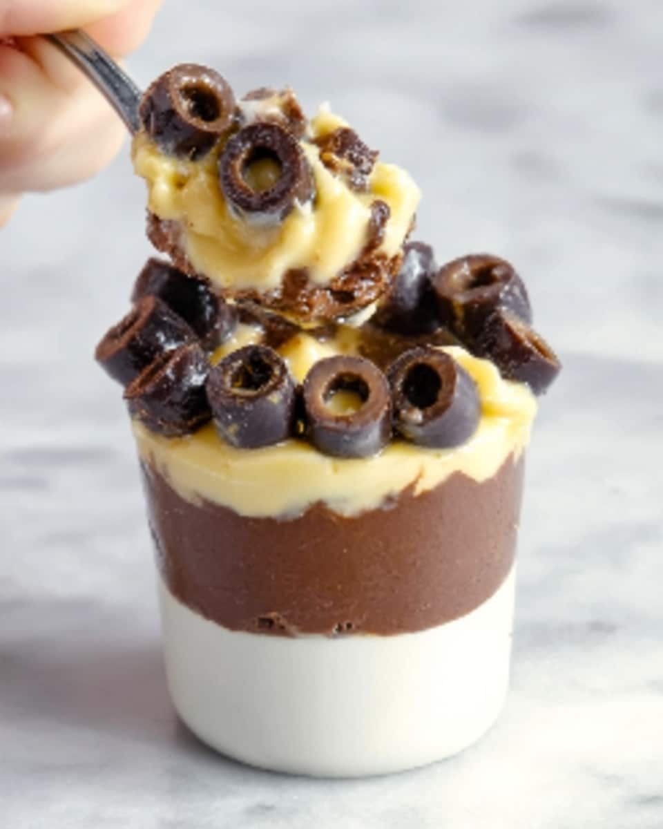 The image shows a small white cup filled with a layered dessert. The bottom layer is thick and dark brown, looking smooth like chocolate pudding. On top of this is a layer of yellowish cream with a soft texture, which appears thick and creamy. The top layer is dark brown again, and it is covered with slices of black olives scattered all over, giving a contrast in color and texture. A woman's hand is holding a spoon, lifting a scoop with some olive slices and cream. The cup is set on a white marbled surface. photo taken with an iphone --ar 4:5 --v 7