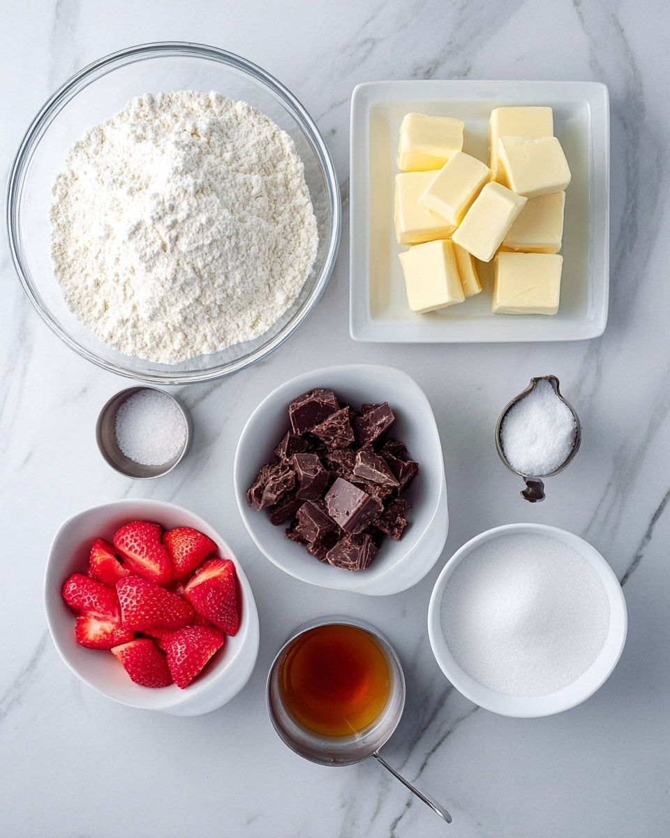 The image shows six white dishes on a white marbled surface arranged neatly: a large clear bowl filled with fine white flour at the top left, a white plate with evenly sized cubes of pale yellow butter at the top right, a white bowl with small dark brown chocolate chunks below the flour, a square white bowl containing bright red sliced strawberries below the chocolate, a white bowl filled with fine white granulated sugar next to the strawberries, and in front of the sugar bowl are two small metal containers, one with amber liquid and another with a small spoon holding fine white powder. photo taken with an iphone --ar 4:5 --v 7