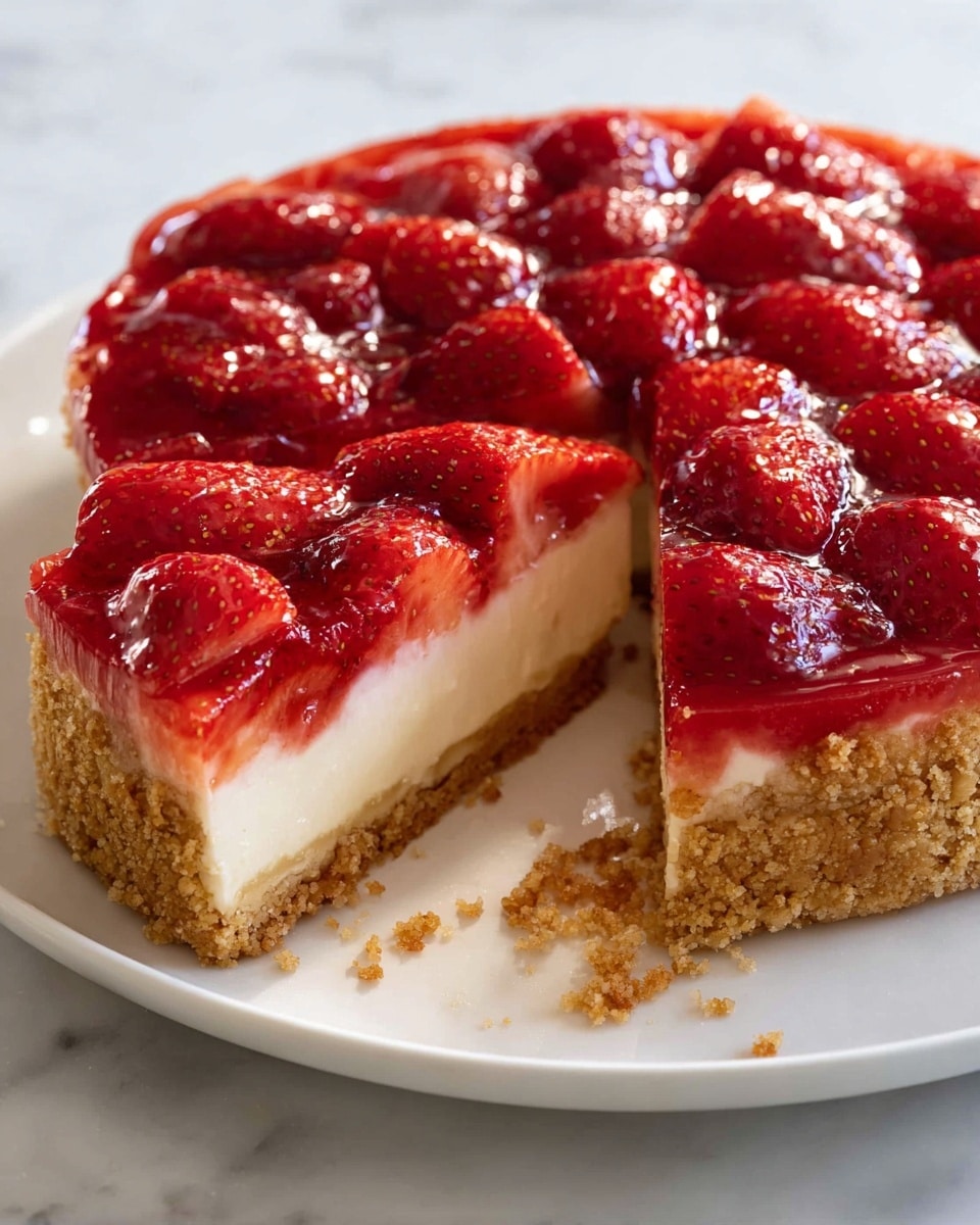 A white plate sits on a white marbled surface with a round strawberry dessert cut into one slice. The dessert has three layers: a thick, crumbly, golden-brown crust forming the base and sides, a smooth off-white creamy middle layer, and a glossy bright red strawberry topping covered in a shiny glaze. The strawberries are whole and spread evenly across the top. Small crumbs of the crust are scattered on the plate. Photo taken with an iphone --ar 4:5 --v 7