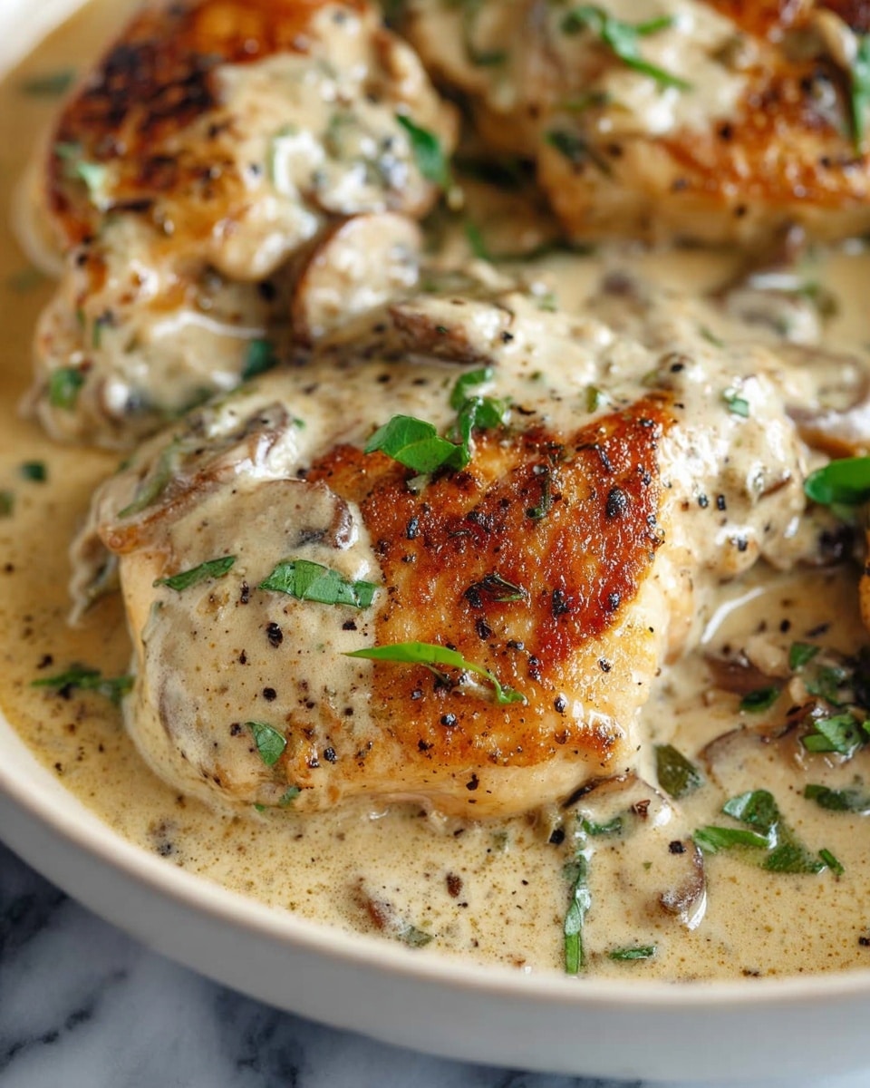 The image shows a close-up of cooked chicken pieces, browned on the top with a golden color and seared texture. The chicken is covered with a thick, creamy sauce that is light beige with specks of black pepper and bits of mushrooms. There are small green herb pieces scattered on top of the sauce, adding a touch of color. The chicken sits in a shallow white bowl, and the background is a white marbled surface. photo taken with an iphone --ar 4:5 --v 7