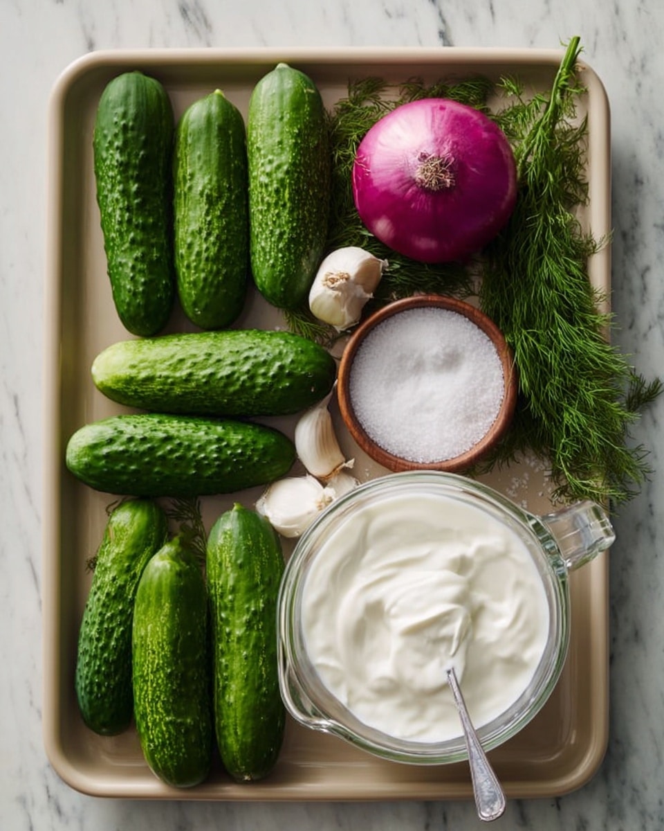 The image shows a tray with fresh ingredients for a dish. On the left side, there are nine green cucumbers with bumpy skins arranged in three rows. On the top right corner, there is a whole shiny purple onion next to some green dill sprigs. Below the onion is a single white garlic clove. In the middle, there is a small clear glass bowl filled with thick white cream. Next to it, a small wooden bowl contains a bit of salt. A clear measuring cup filled with more thick white cream and a spoon inside is on the bottom right. The tray sits on a white marbled surface. Photo taken with an iphone --ar 4:5 --v 7