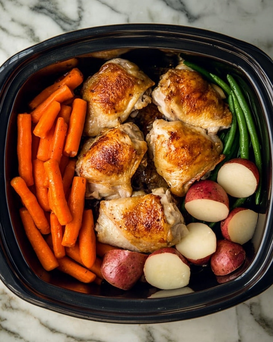 The image shows a black roasting dish filled with a meal placed on a white marbled surface. Inside the dish, there are five roasted chicken pieces with golden brown crispy skin lying in the center. To the left side of the chicken, there is a layer of bright orange baby carrots standing upright and packed closely together. On the right side, there are quartered red potatoes with smooth, pale interiors and reddish skin, arranged neatly. Underneath the chicken, some green beans are partially visible, adding a dark green layer in the middle of the dish. The textures of the chicken skin look slightly crispy and shiny while the vegetables appear cooked but firm. Photo taken with an iphone --ar 4:5 --v 7