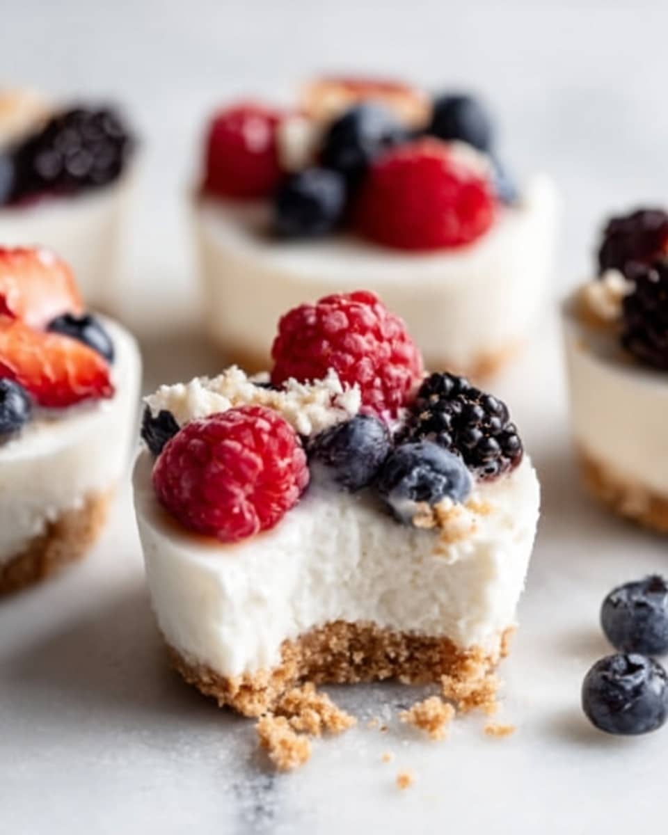 The image shows a small white cheesecake with a crumbly light brown base. The cheesecake is topped with fresh berries, including red raspberries, blackberries, and blueberries. The texture of the cheesecake looks smooth and creamy. One cheesecake has a bite taken from it, showing the soft inside. The small cheesecakes are arranged on a white marbled surface with some crumbs scattered around. A woman's hand is gently holding one cheesecake in the background. photo taken with an iphone --ar 4:5 --v 7