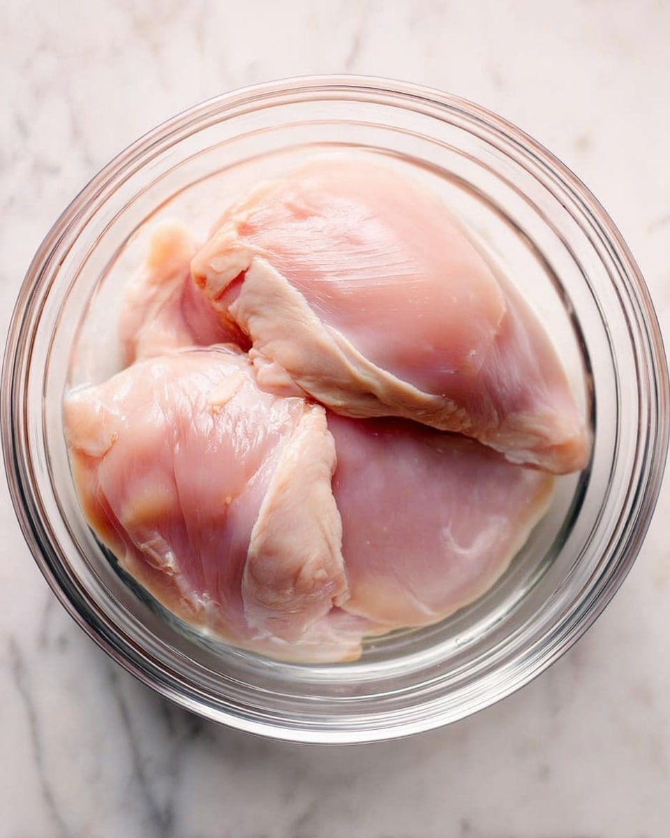 A clear glass bowl holding two raw, pale pink chicken pieces, submerged in water. The chicken has a smooth, slightly shiny texture with some white fat parts visible. The bowl sits on a white marbled surface. photo taken with an iphone --ar 4:5 --v 7