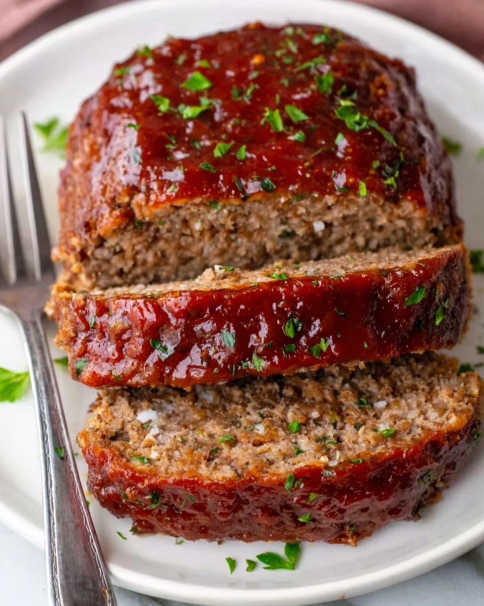 A white plate holds a meatloaf sliced into three thick layers, each showing a moist, crumbly brown inside with small bits of herbs. The top and edges are covered in a shiny reddish-brown glaze that looks sticky and smooth, with small green herb leaves sprinkled over it. A silver fork is placed on the left side of the plate, resting on the white marbled surface. The background is slightly blurred to keep the focus on the meatloaf, capturing the warm and fresh look of the dish. photo taken with an iphone --ar 4:5 --v 7