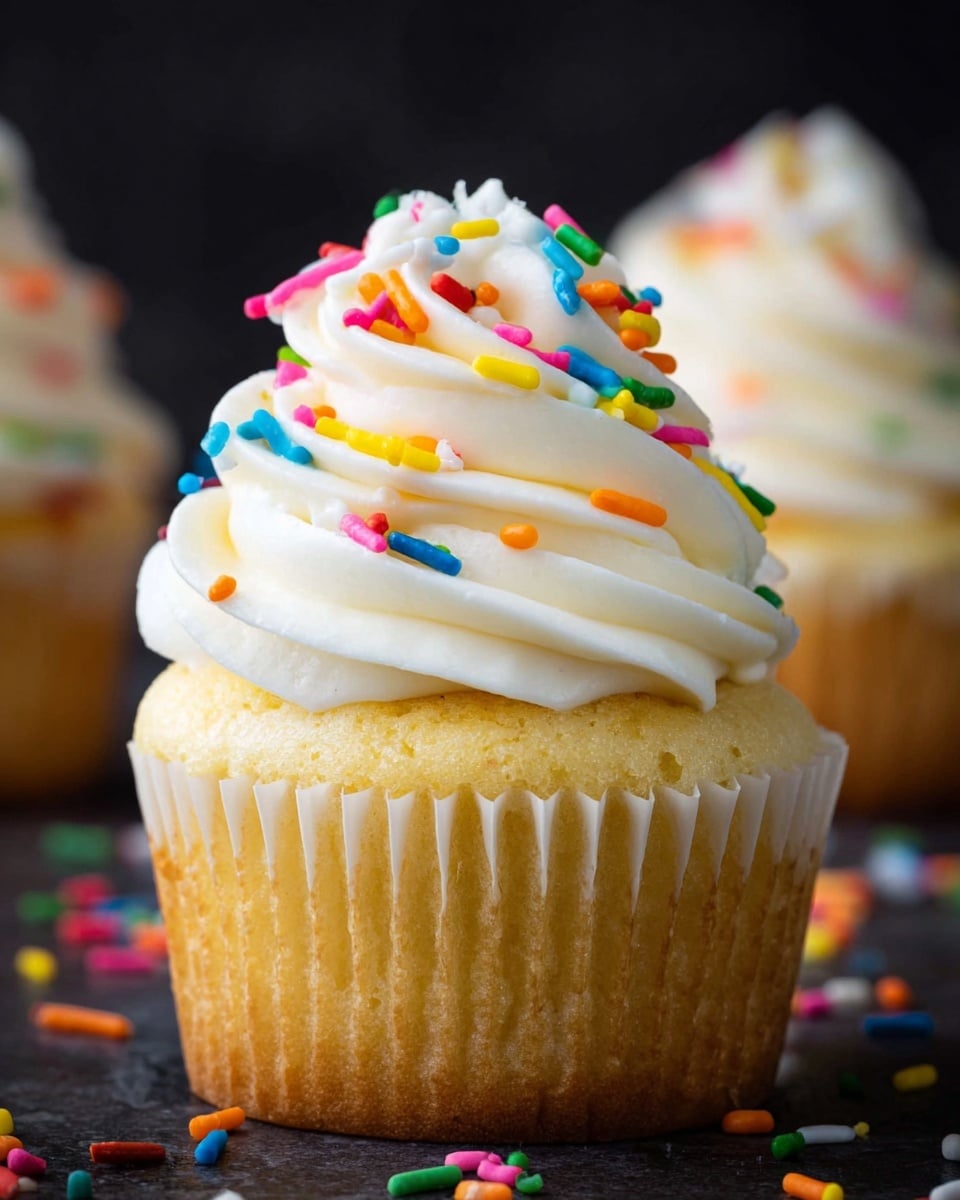 A close-up image of a single vanilla cupcake with a moist, light yellow sponge base showing a soft crumb texture. On top is a thick layer of white whipped cream with smooth swirls, decorated with small, colorful cylindrical sprinkles in pink, blue, green, orange, and red. The background is dark, making the cupcake stand out clearly. photo taken with an iphone --ar 4:5 --v 7