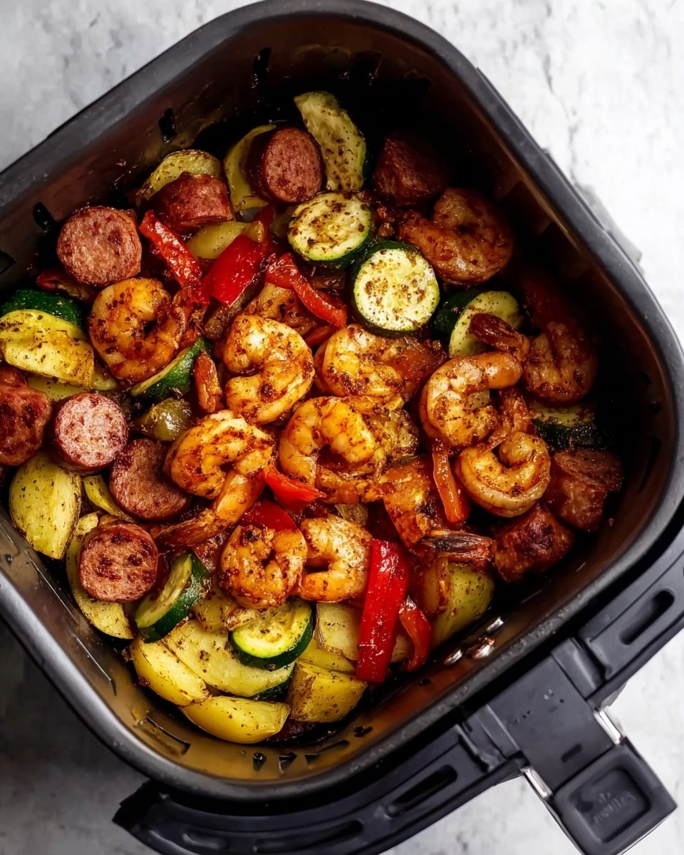 Inside a black air fryer basket on a white marbled surface, there is a colorful mix of cooked food. The dish has three main layers: the bottom layer is a mix of yellow potato wedges and green zucchini slices, both with a slight brown crisp. The middle layer contains thick slices of browned sausage with a reddish-brown color. The top layer is full of slightly charred shrimp, orange with a spicy red coating, mixed with pieces of red bell pepper. All ingredients have a textured, lightly oily look, showing they are cooked and seasoned well. Photo taken with an iphone --ar 4:5 --v 7