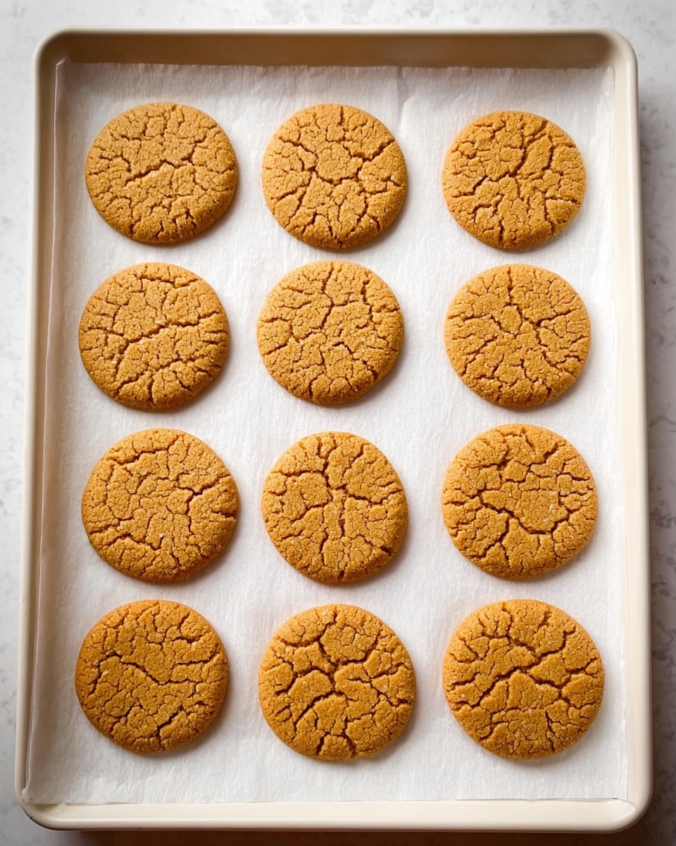 The image shows a white baking tray covered with white parchment paper with twelve evenly spaced round cookies arranged in three rows and four columns. Each cookie is a light golden brown color with a cracked surface texture that shows a slightly rough and crumbly exterior. The cookies have a uniform size and shape, and the tray edges are visible around the parchment paper. The background is a white marbled surface. photo taken with an iphone --ar 4:5 --v 7