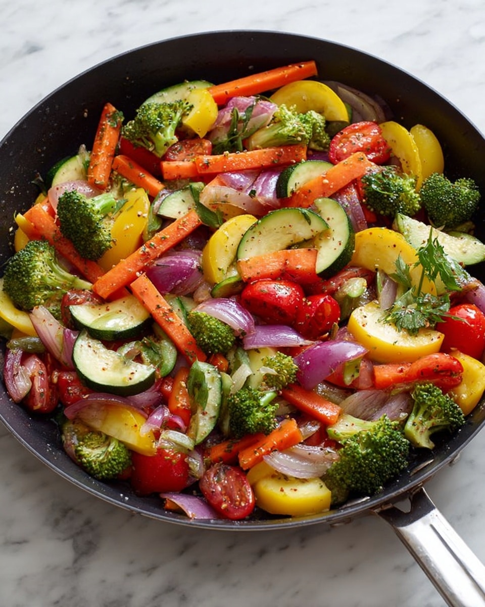 A black skillet filled with a colorful mix of fresh vegetables sits on a white marbled surface. The dish has visible layers of bright orange carrot sticks, green broccoli florets, yellow squash rounds, deep red bell pepper slices, light purple onion wedges, dark red cherry tomato halves, and green zucchini pieces. The vegetables are evenly spread, showing a mix of textures from smooth tomato skins to rough broccoli tops. Light seasoning is sprinkled over the vegetables, adding a subtle touch of detail. Photo taken with an iphone --ar 4:5 --v 7