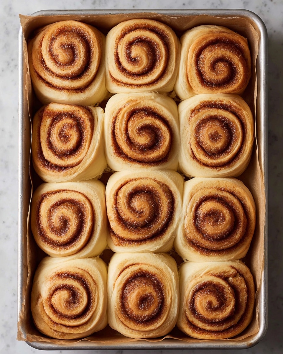 A tray holds twelve cinnamon rolls arranged in four rows and three columns, each roll showing a tight spiral pattern with two main layers: a pale golden dough outer layer and a darker brown cinnamon sugar filling layer swirled inside. The cinnamon rolls are lightly browned on top, with a soft and fluffy texture visible on the dough edges, and the cinnamon filling has a slightly sticky look but no shine. They sit on parchment paper inside a metal baking tray, which rests on a white marbled surface. Photo taken with an iphone --ar 4:5 --v 7