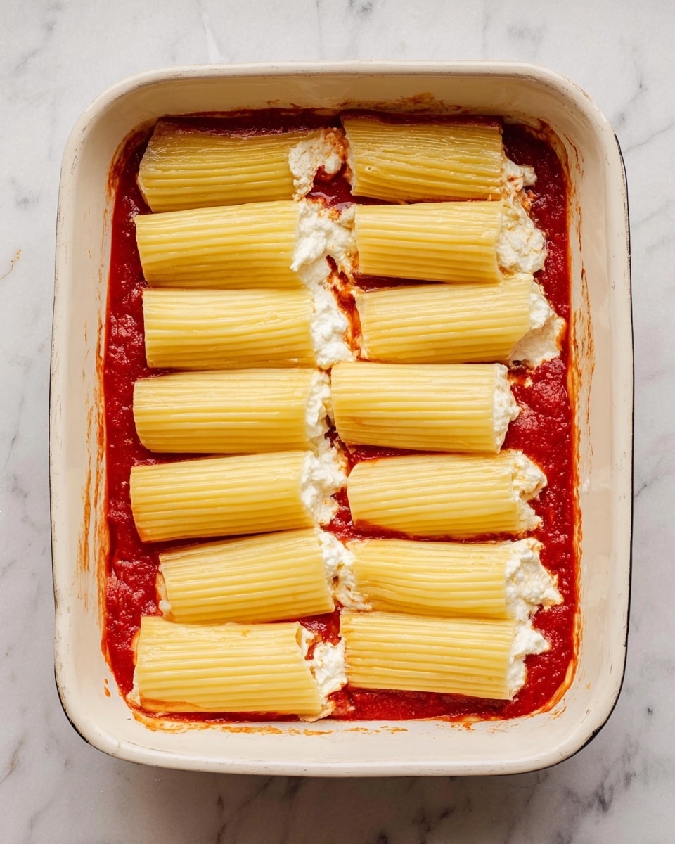 A white ceramic baking dish holds nine cannelloni pasta tubes arranged in three rows; the bottom layer is a bright red tomato sauce, and the pasta tubes are filled with a creamy white cheese mixture visible at the ends. The pasta has ridges and a pale yellow color, and the dish sits on a white marbled surface. The arrangement is neat with some filling slightly spilling out of the tubes photo taken with an iphone --ar 4:5 --v 7