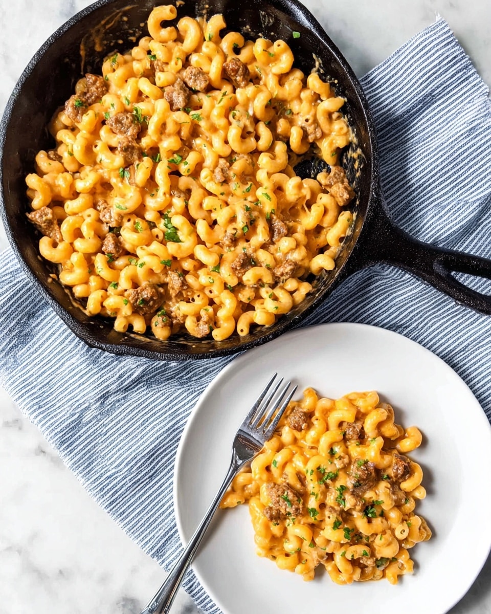 The image shows a black cast iron skillet filled with curly macaroni pasta mixed with a creamy orange sauce and small pieces of browned meat, garnished with small green herb bits. Below the skillet, a white plate holds a neat serving of the same pasta dish, with a silver fork placed on the left side of the plate. The plate rests on a blue and white striped cloth, and the background is a white marbled surface. The colors contrast with the creamy orange pasta, brown meat, fresh green herbs, and crisp white elements in the scene. photo taken with an iphone --ar 4:5 --v 7