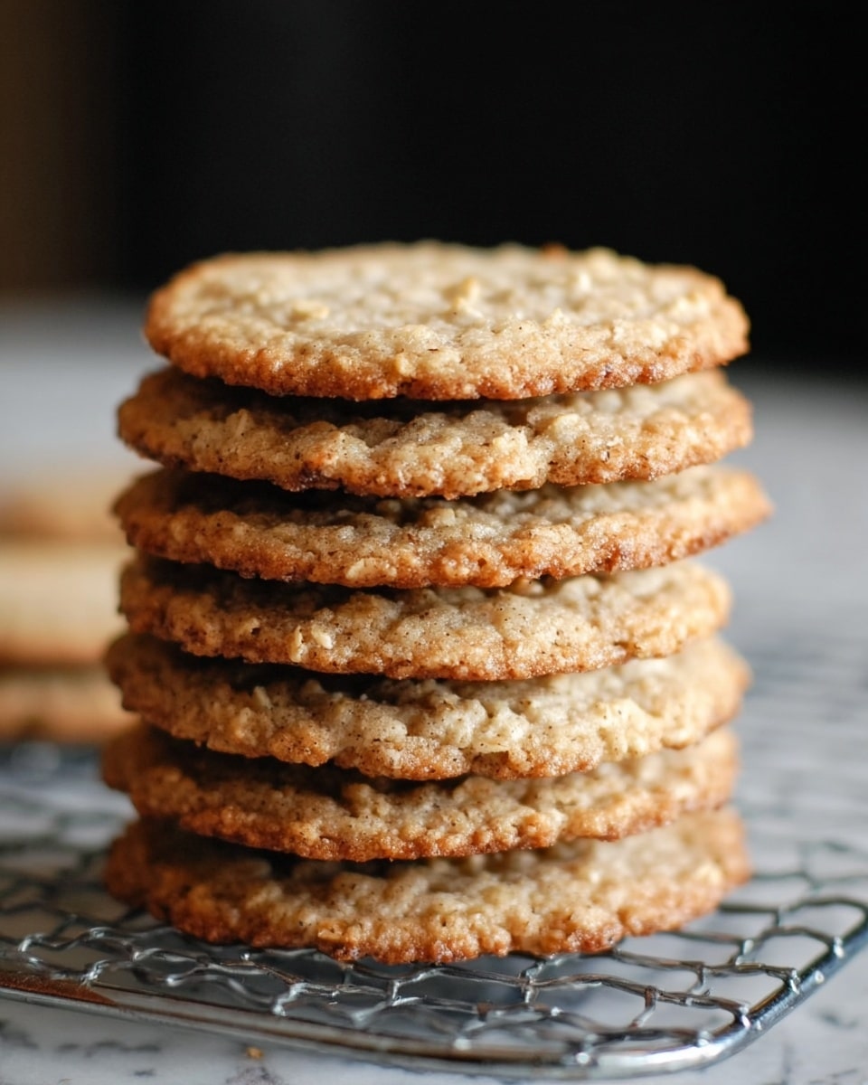 A stack of seven round oatmeal cookies with a light brown color sits on a silver cooling rack. Each cookie has a slightly rough texture with visible oats, and the edges are slightly crispy, giving the stack a layered look from top to bottom. The background is softly blurred with dark tones, and the surface beneath the rack is a white marbled texture. photo taken with an iphone --ar 4:5 --v 7