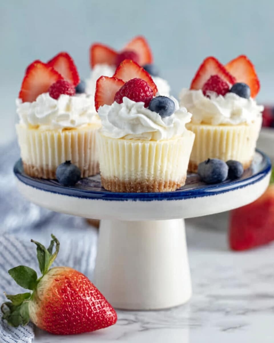 The image shows three small cheesecakes on a white cake stand with a blue edge, placed on a white marbled surface. Each cheesecake has a light yellow base with a smooth creamy layer on top, covered with a swirl of white whipped cream. On the whipped cream, there are fresh strawberry slices and small berries like raspberries and blueberries. In front of the stand, there is a cut strawberry laying on the marbled surface. The background is softly blurred, highlighting the cheesecakes. photo taken with an iphone --ar 4:5 --v 7