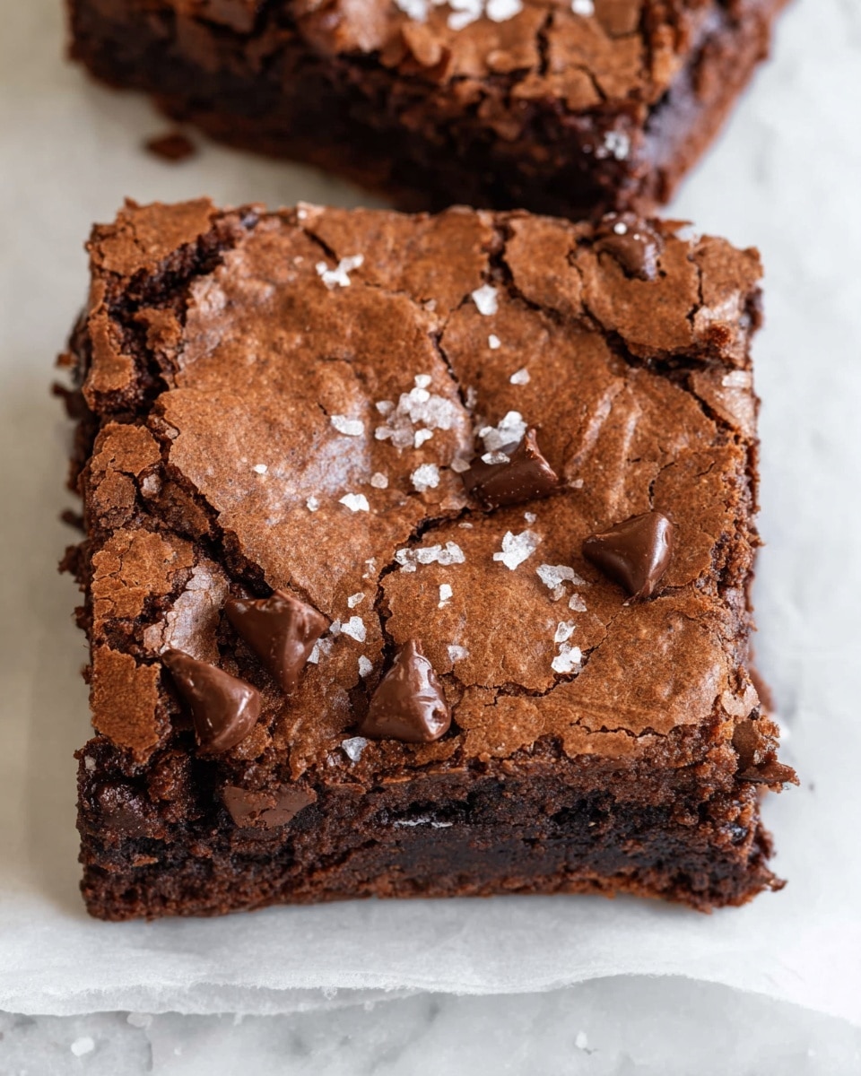 The image shows two thick, square chocolate brownies with a cracked and slightly shiny top layer sprinkled with small chunks of melted chocolate and flakes of sea salt. The brownies have a rich, dark brown color with a fudgy texture visible on the sides. They are placed on white parchment paper that rests on a white marbled surface. The close-up view emphasizes the density and moistness of the brownies, making them look soft inside with a slightly crisp outer crust. photo taken with an iphone --ar 4:5 --v 7
