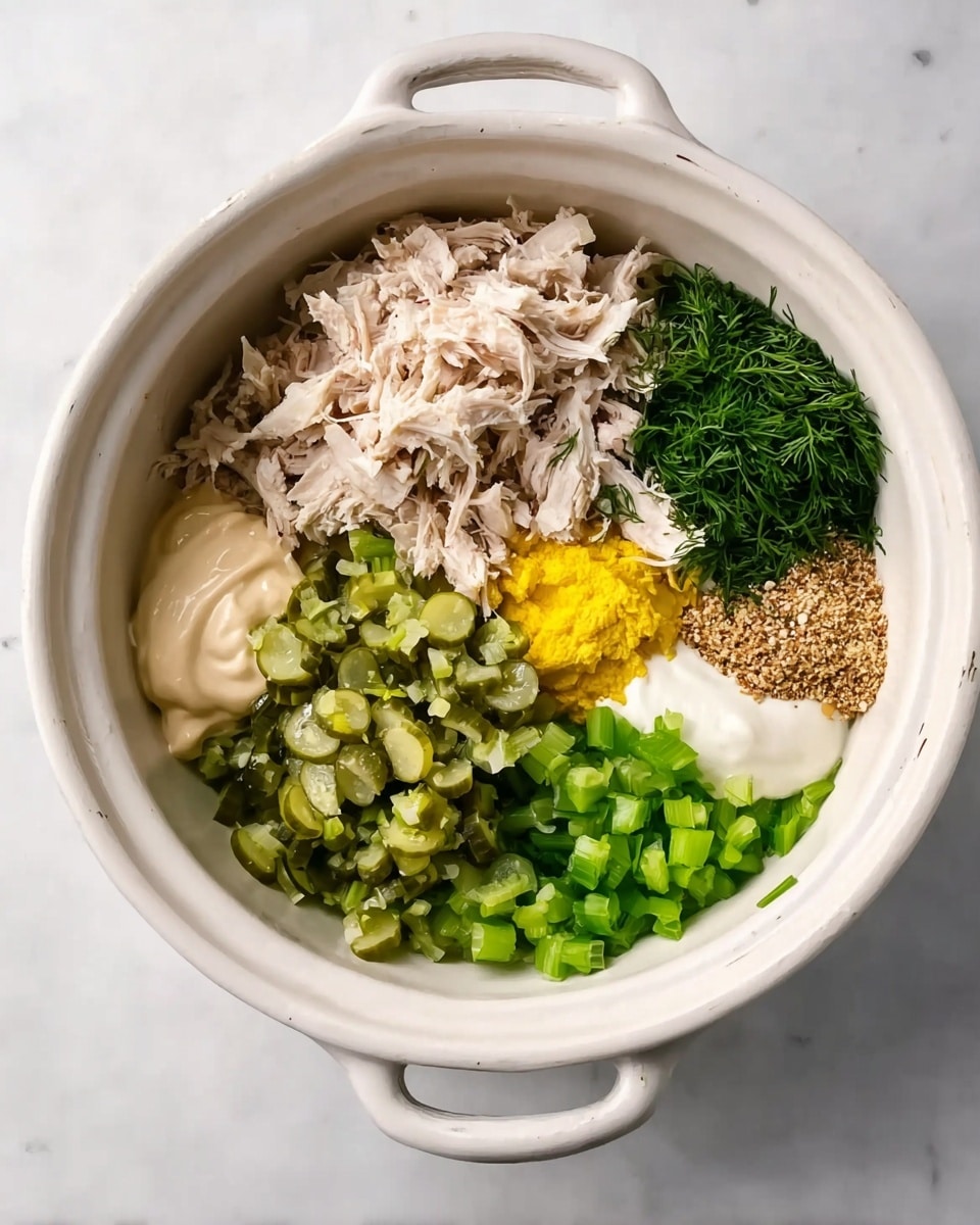 In a white bowl with two handles, several ingredients are arranged in separate sections without mixing. Starting from the top right is shredded pale chicken, next to it on the upper left is a small heap of bright green chopped fresh herbs like dill. Below the chicken and herbs, there is finely chopped pale green celery on the bottom right, and next to it on the left is a pile of chopped green pickles in the center. Below the pickles are two separate dollops of cream-colored sauces and a beige mayonnaise-like sauce on the bottom left. On top of the pickles are dollops of yellow mustard and grainy brown mustard sauces. The bowl sits on a white marbled surface. photo taken with an iphone --ar 4:5 --v 7