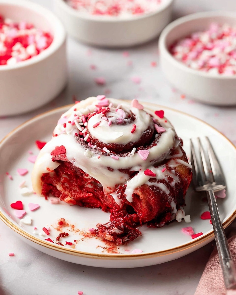 A close-up view of a group of cinnamon rolls with a swirl pattern showing red and brown layers from the dough and cinnamon filling. Each roll is thickly coated with white creamy icing that drips slightly over the sides and pools between the rolls. The cinnamon rolls are sprinkled generously with small heart-shaped, round, and star-shaped sprinkles in pink, red, and white colors. All cinnamon rolls are tightly placed together in a white baking dish, sitting on a white marbled surface. photo taken with an iphone --ar 4:5 --v 7